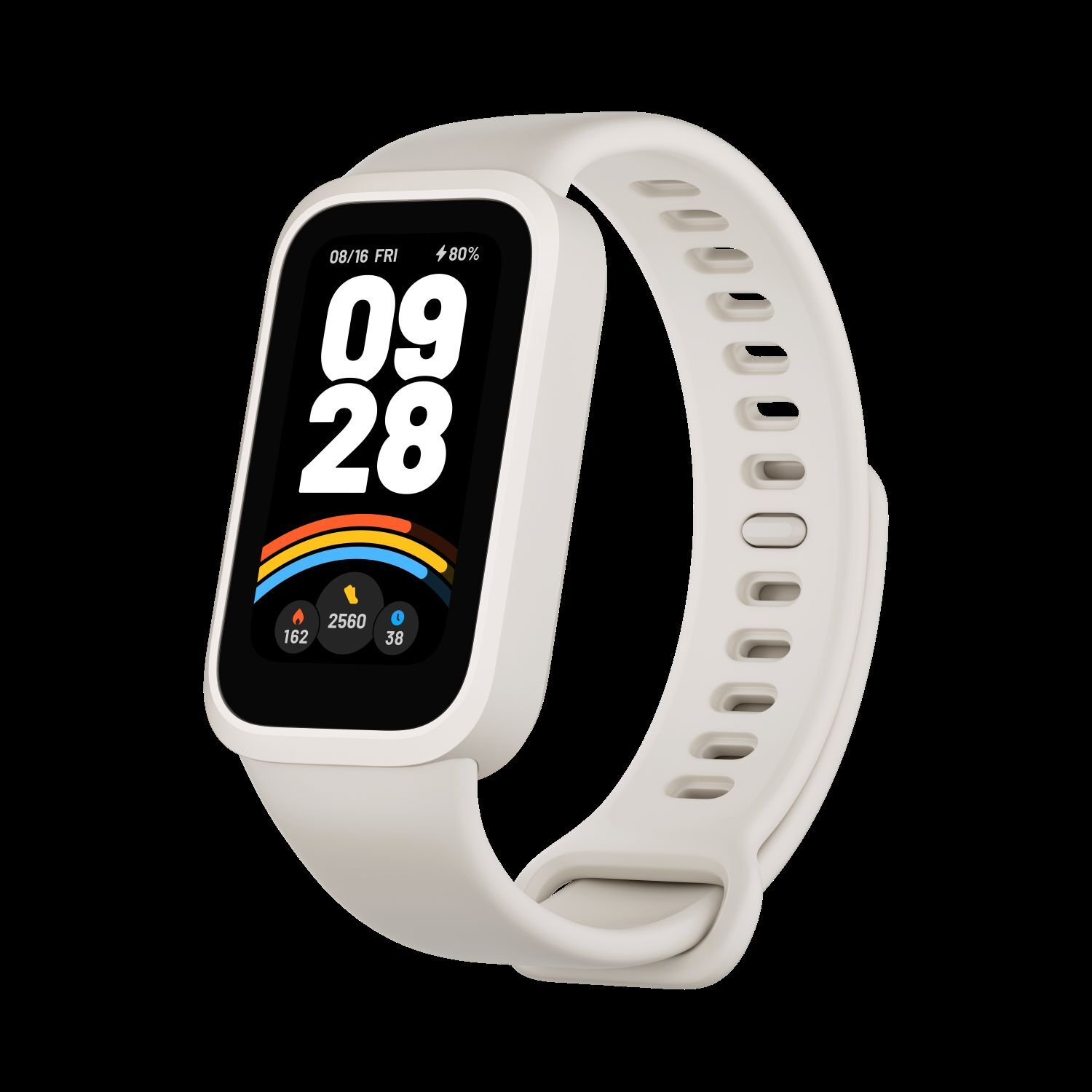 White fitness tracker with a black display.