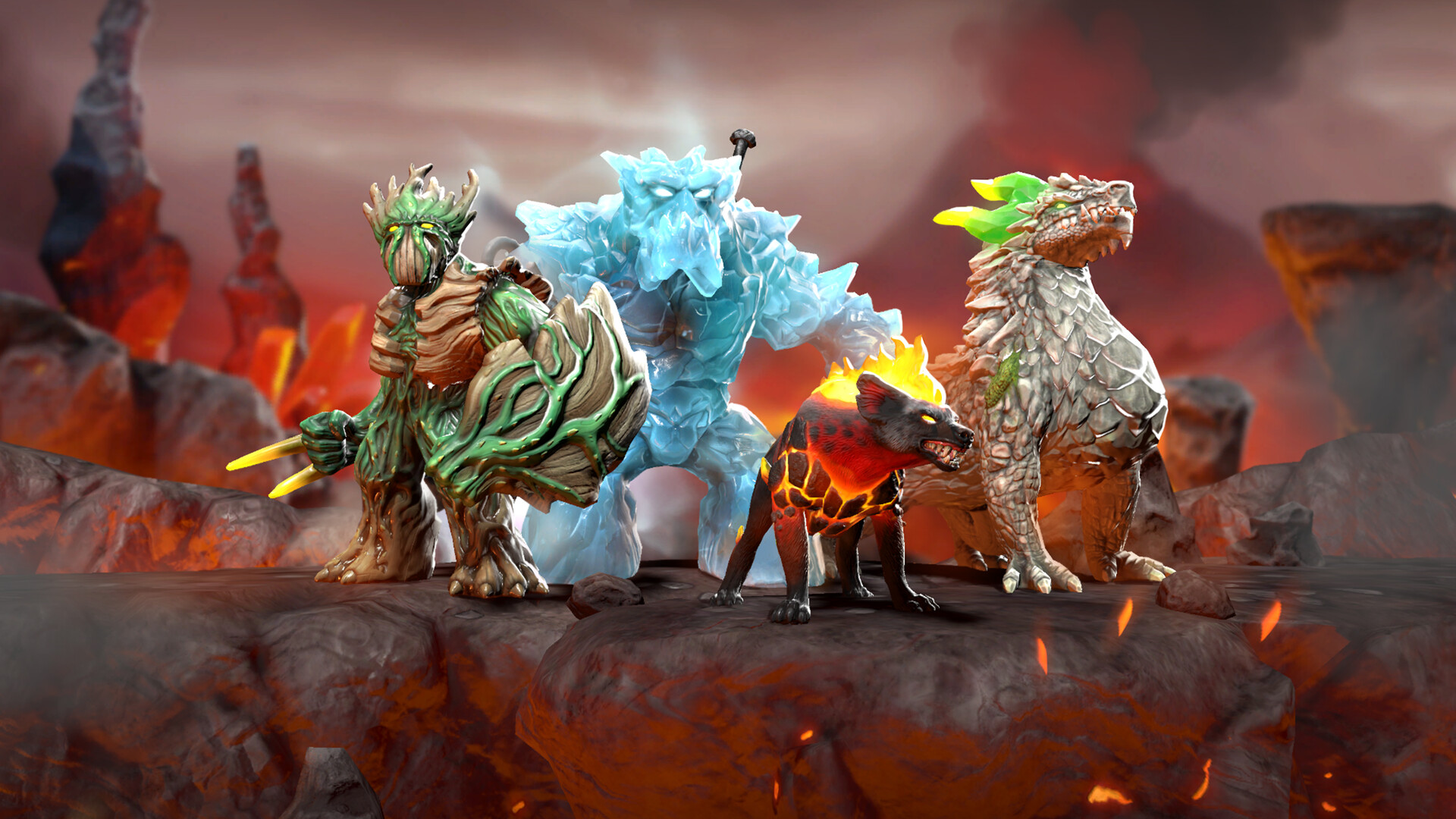 Quattro figure fantasy stilizzate in piedi su una superficie rocciosa infuocata. Sono su un campo di battaglia.