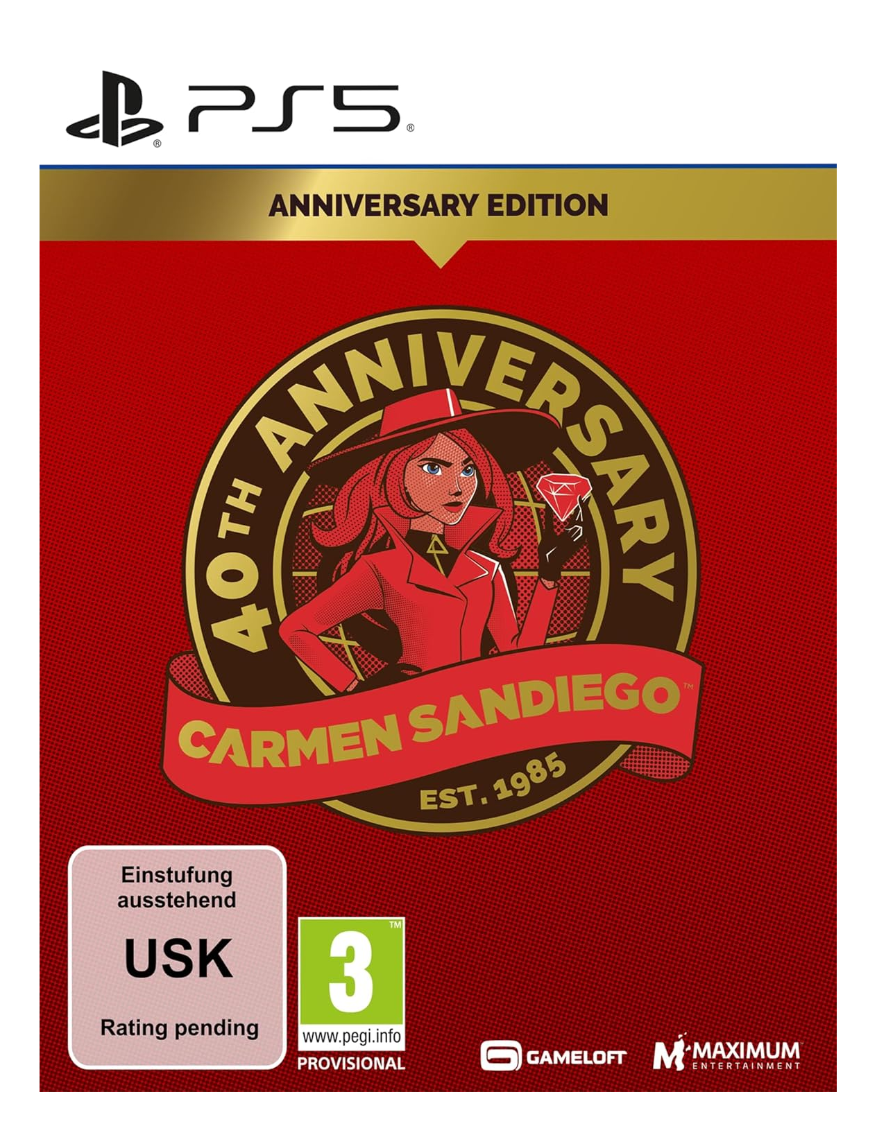 Scatola di gioco per PlayStation 5, rossa con logo dorato e immagine di una donna con cappello.