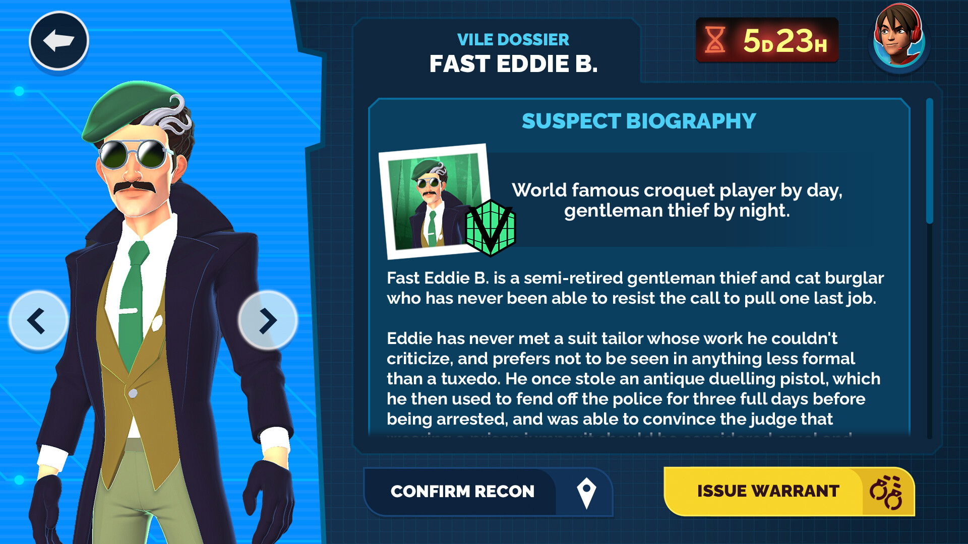Interfaccia di gioco con un personaggio dei cartoni animati. Il testo descrive la biografia e i dettagli del personaggio.