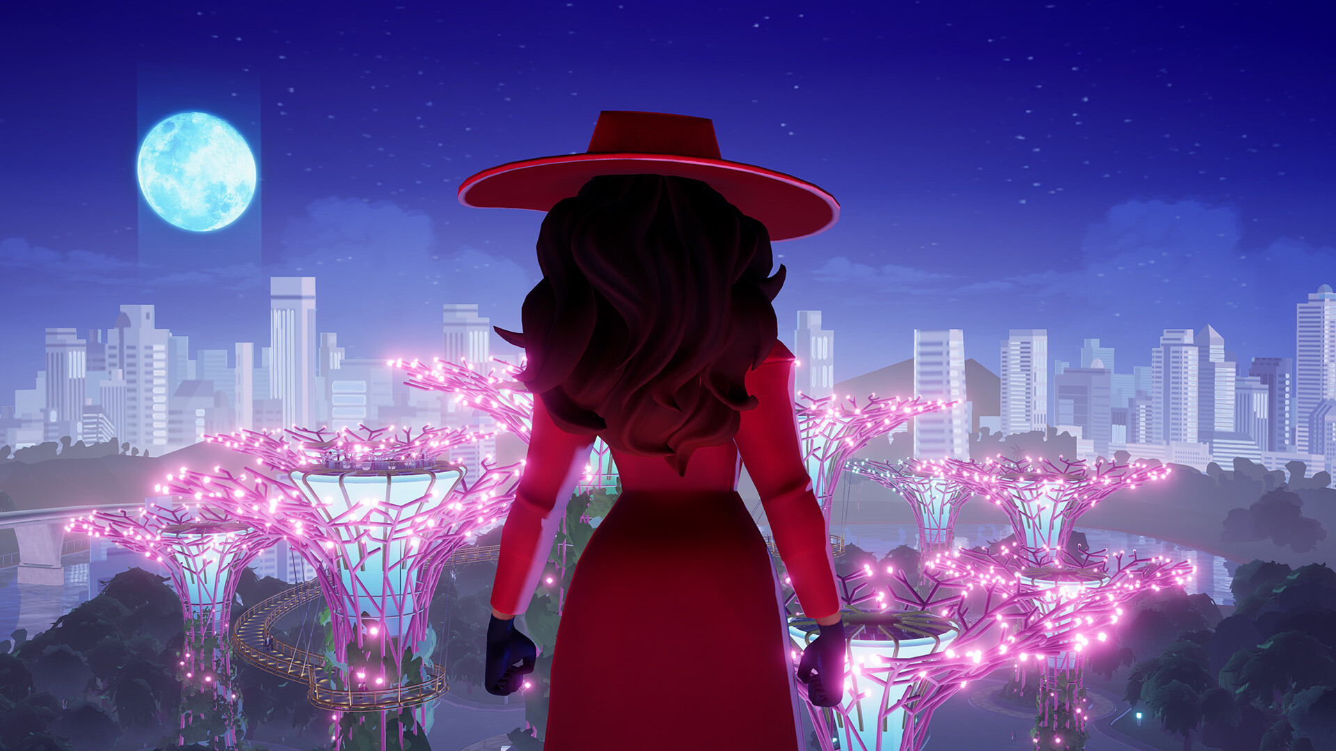 Una donna in abito rosso osserva una città futuristica.