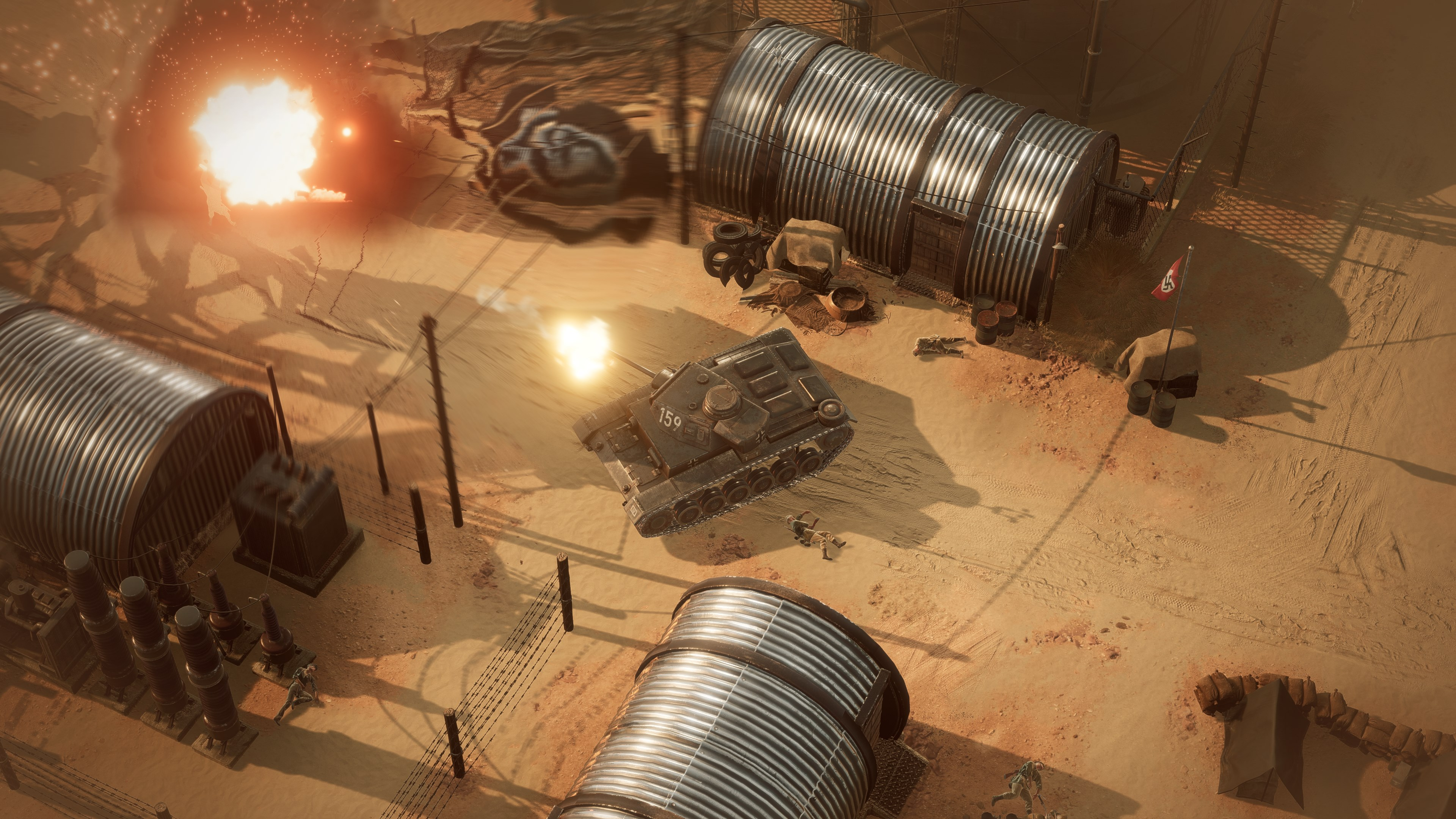 Scène de jeu de guerre avec un char et des explosions.