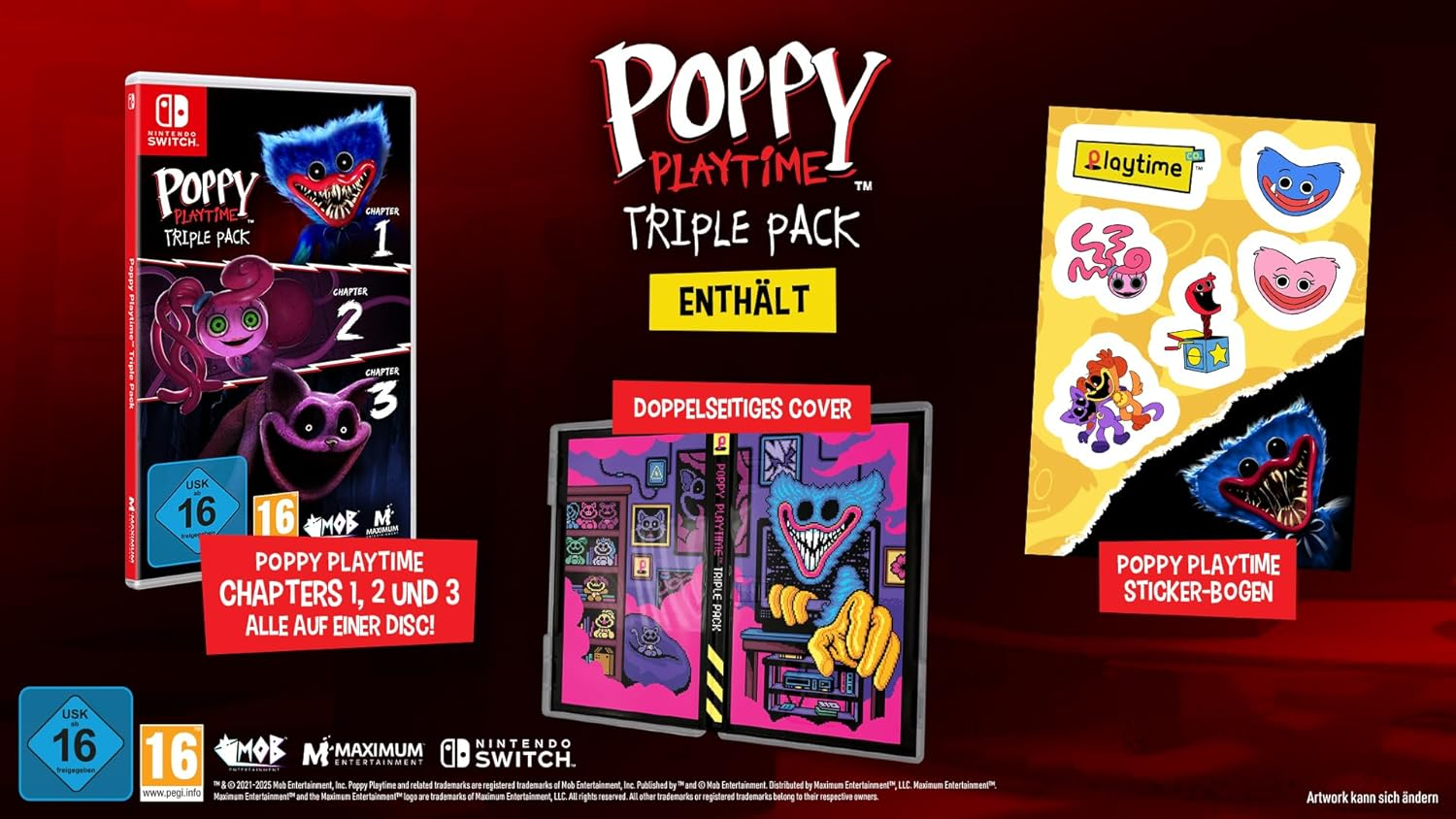 Poppy Playtime Triple Pack für Nintendo Switch. Enthält Spielhülle, doppelseitigen Umschlag und Aufkleber.