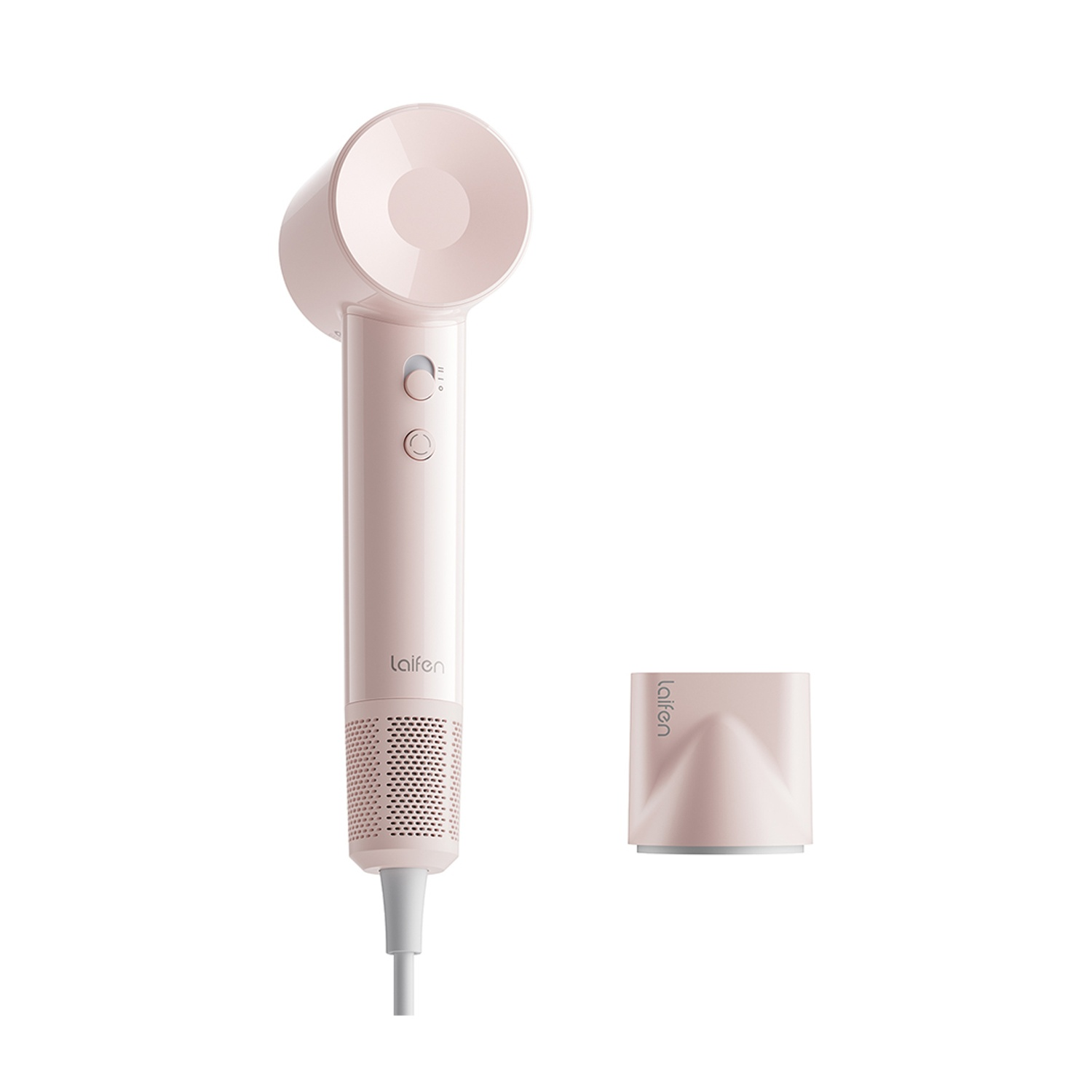 Asciugacapelli rosa chiaro con ugello e coperchio separato, su sfondo bianco.