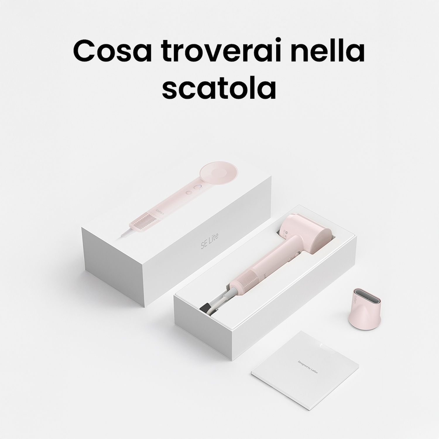 Due scatole bianche contenenti strumenti per lo styling dei capelli rosa, su sfondo bianco.