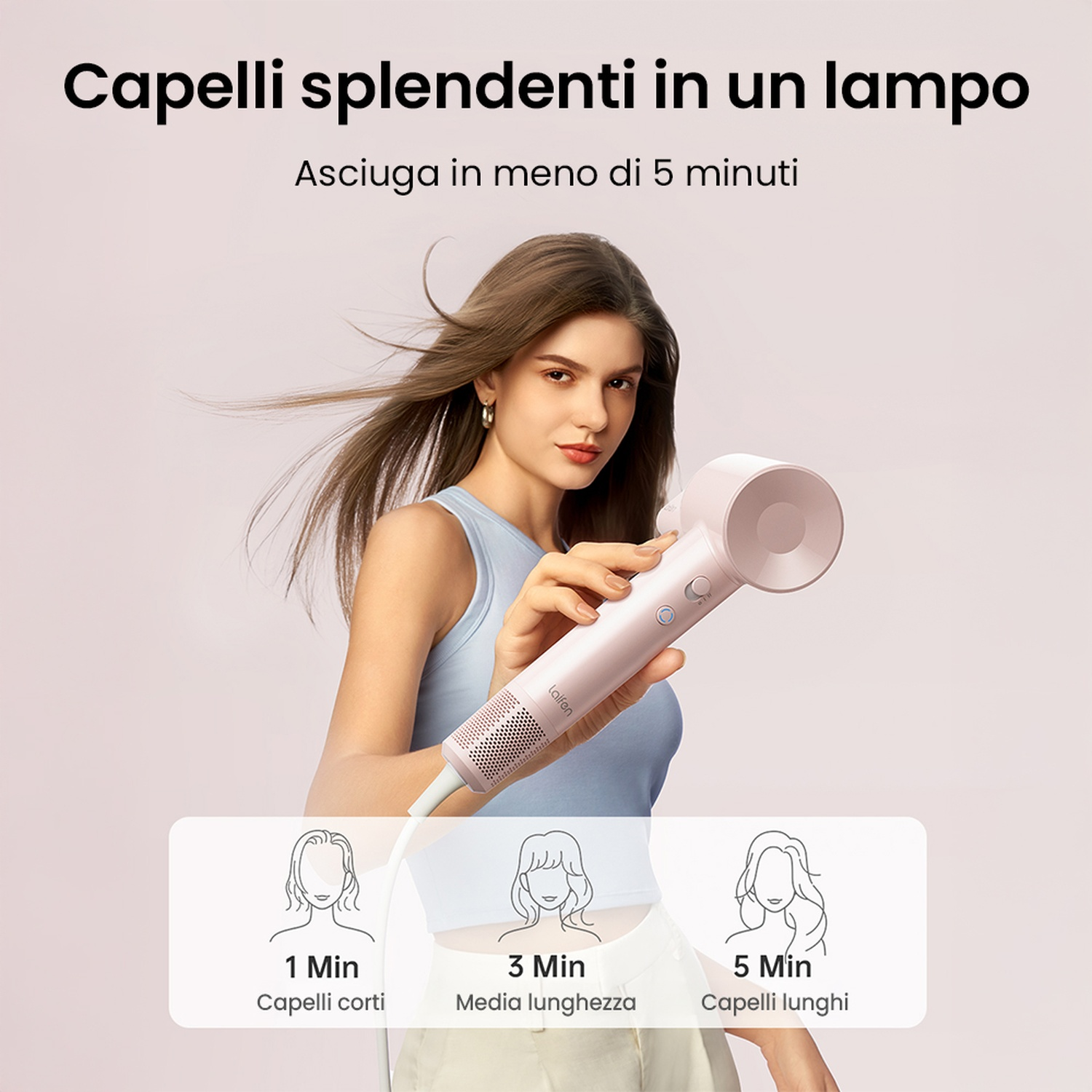 Donna che tiene un asciugacapelli rosa, con testo sui tempi di asciugatura dei capelli.