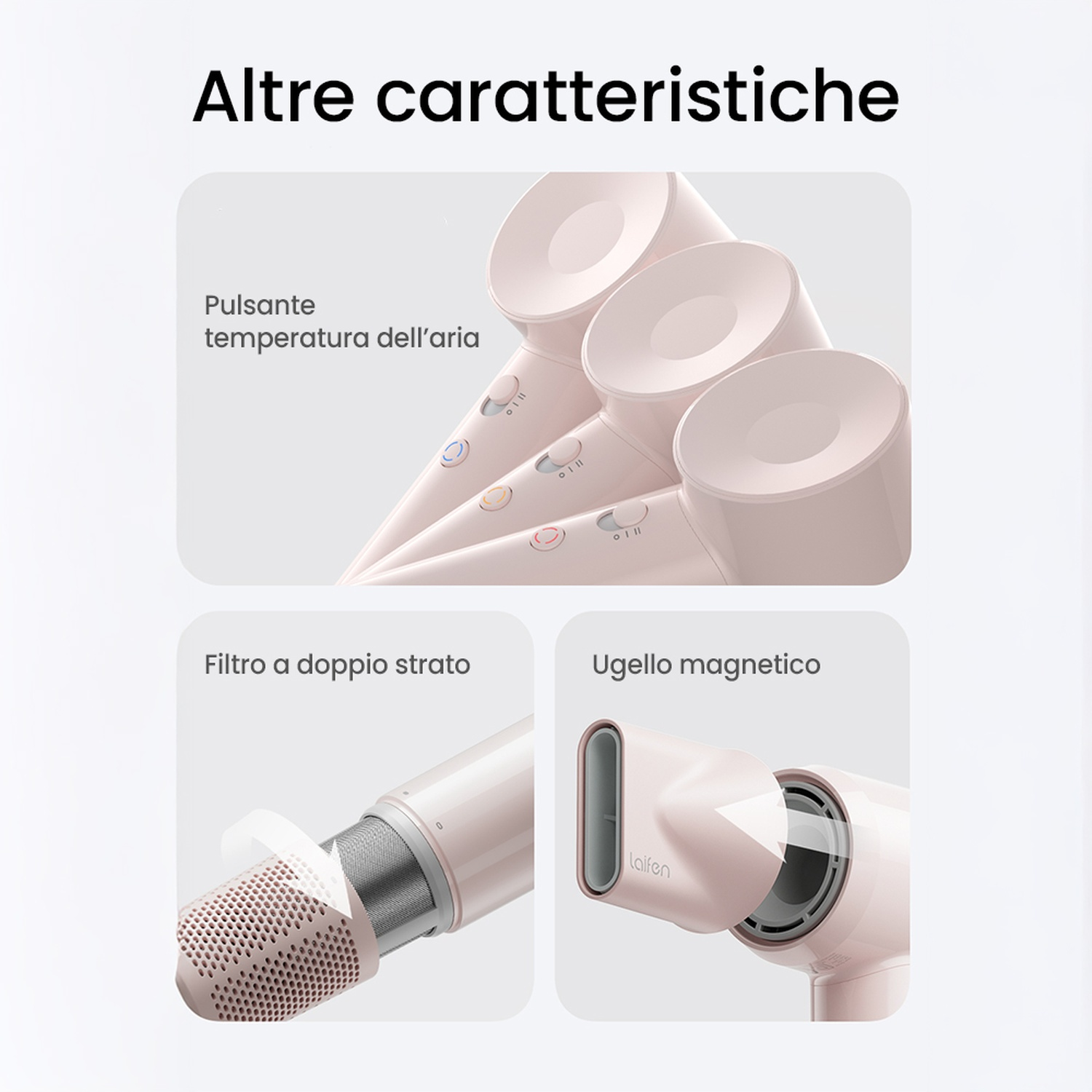 Primi piani di un asciugacapelli rosa, che mostrano pulsanti, un filtro a doppio strato e un ugello magnetico.