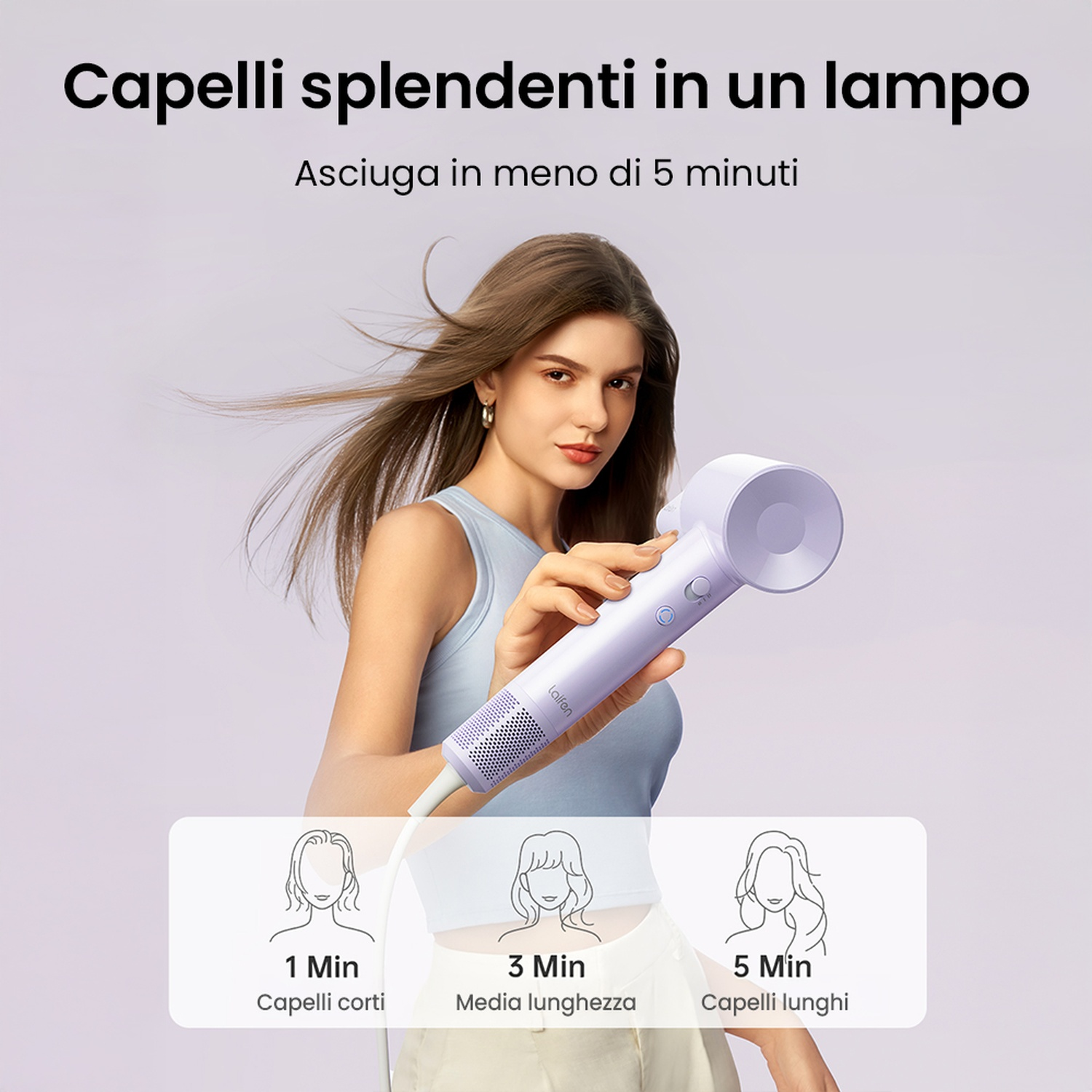 Donna con un asciugacapelli viola. Il testo dice 'Capelli splendenti in un lampo' e 'Asciuga in meno di 5 minuti'.