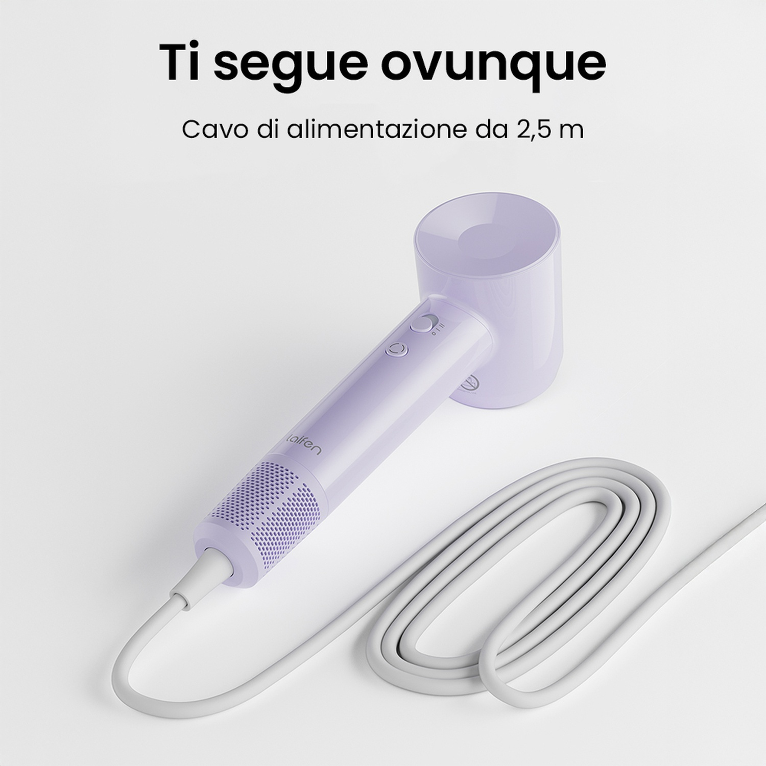 Asciugacapelli viola con cavo bianco. Il testo dice 'Ti segue ovunque' e 'Cavo di alimentazione da 2,5 m'.