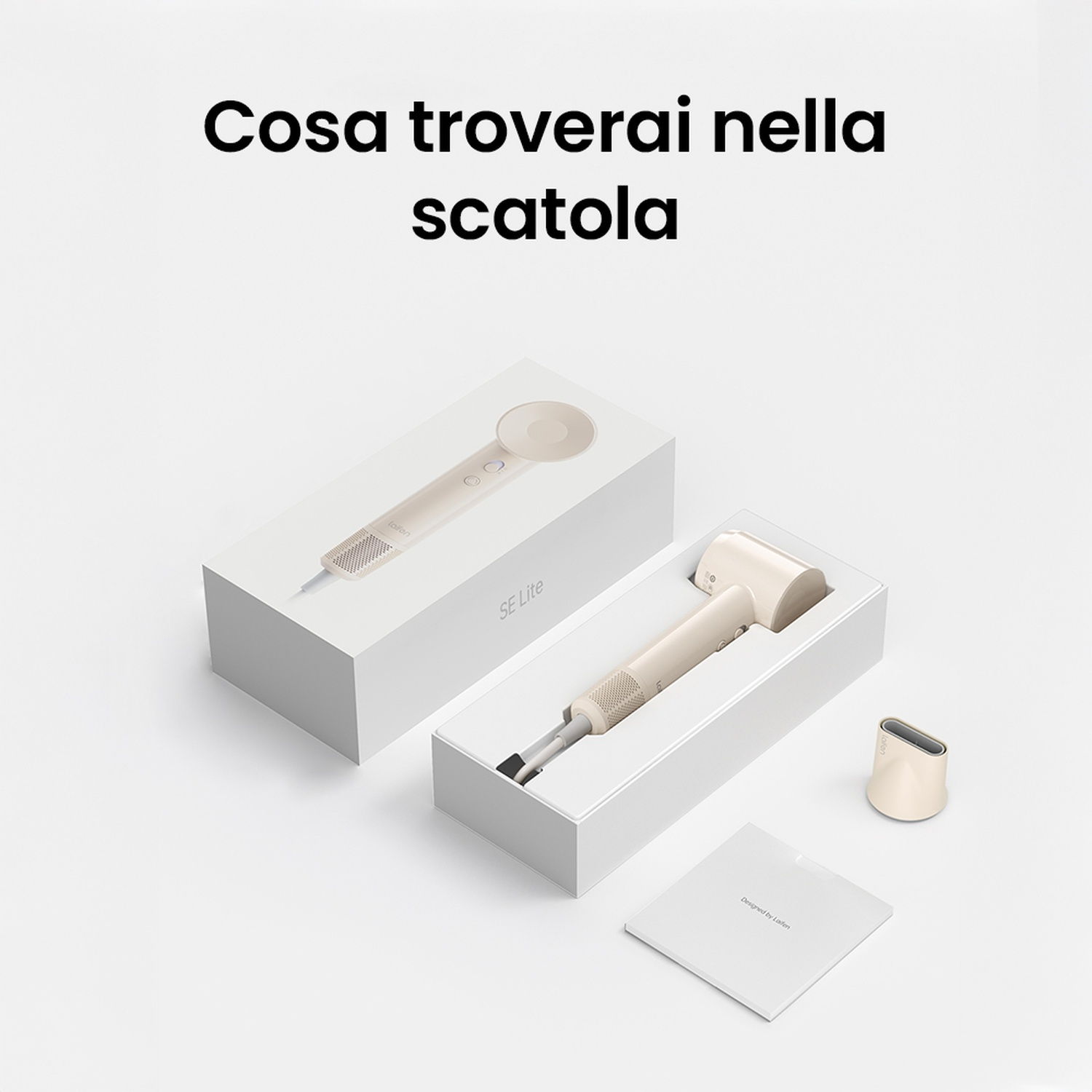Due scatole, una aperta con asciugacapelli e un'altra chiusa. Un terzo articolo è di lato.