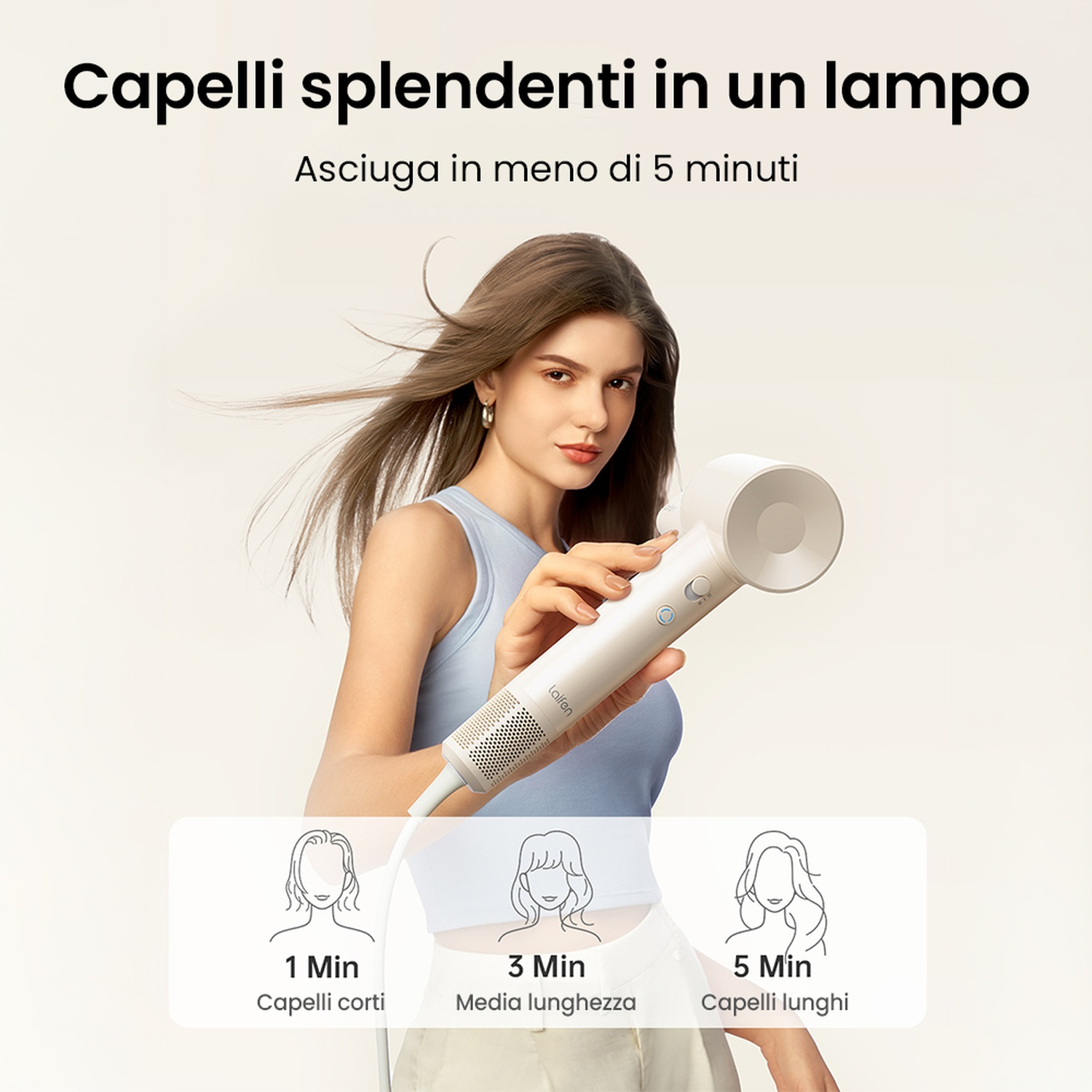 Una donna tiene un asciugacapelli bianco con una guida visiva del tempo per lunghezza capelli.