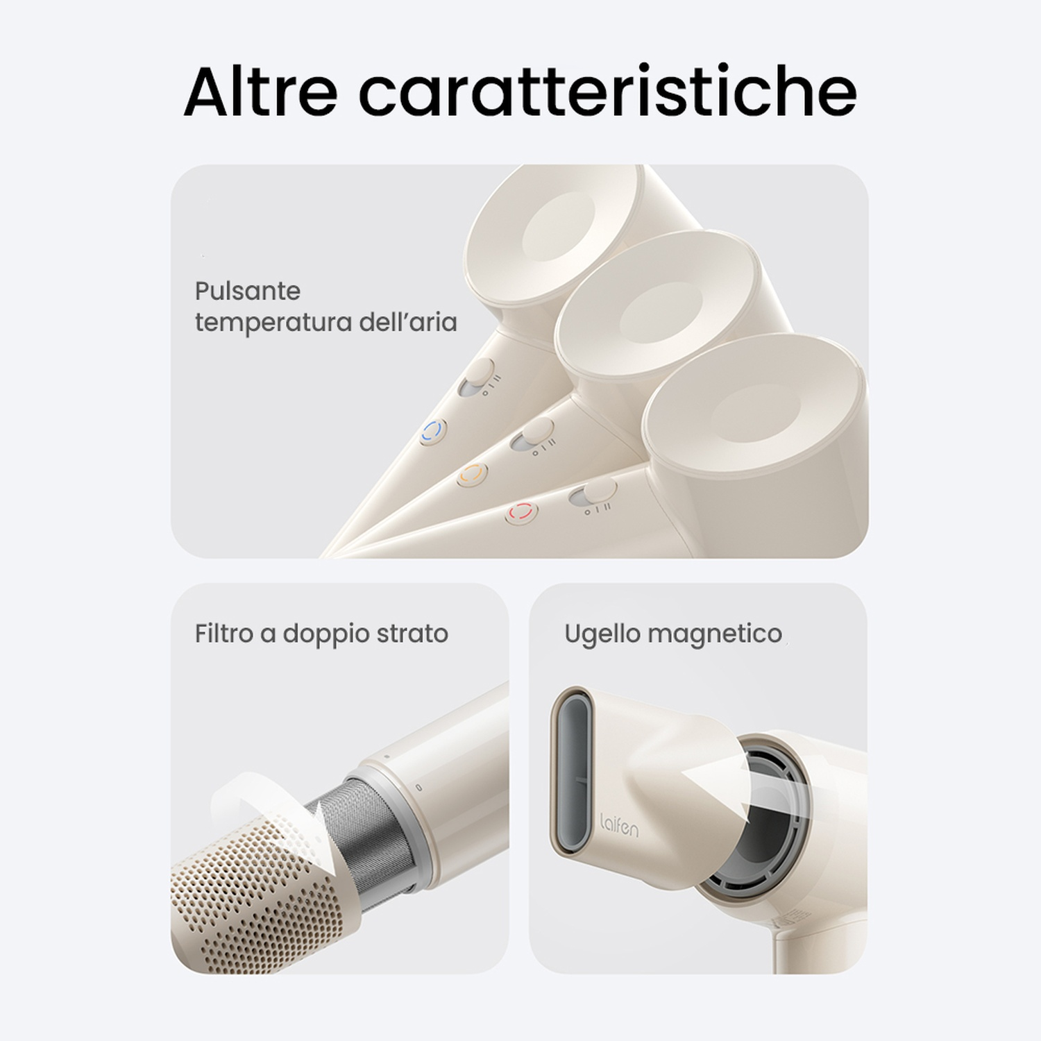 Componenti dell'asciugacapelli: pulsante temperatura aria, filtro a doppio strato e ugello magnetico.