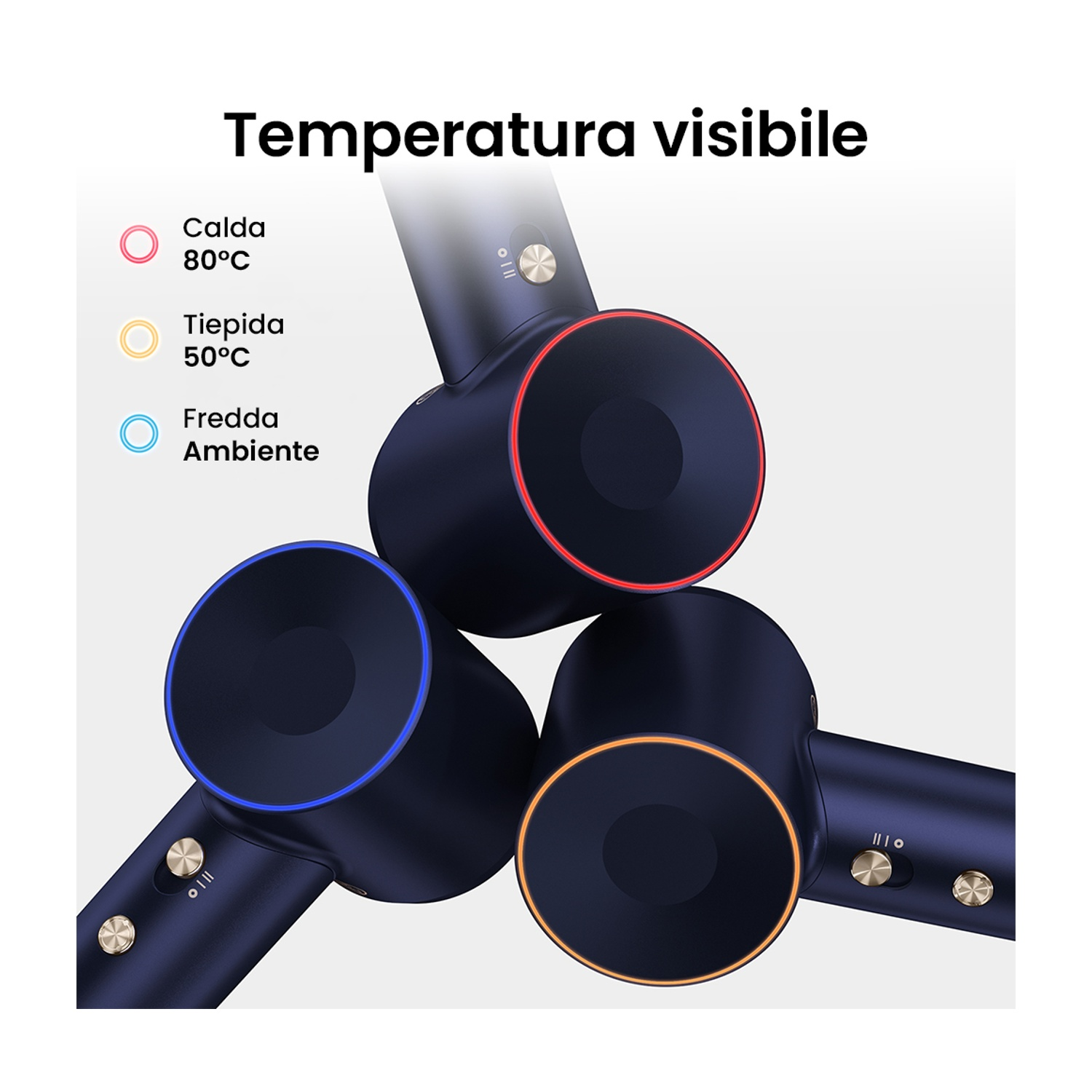 Tre asciugacapelli, ciascuno con un anello di colore diverso, con etichette di temperatura.