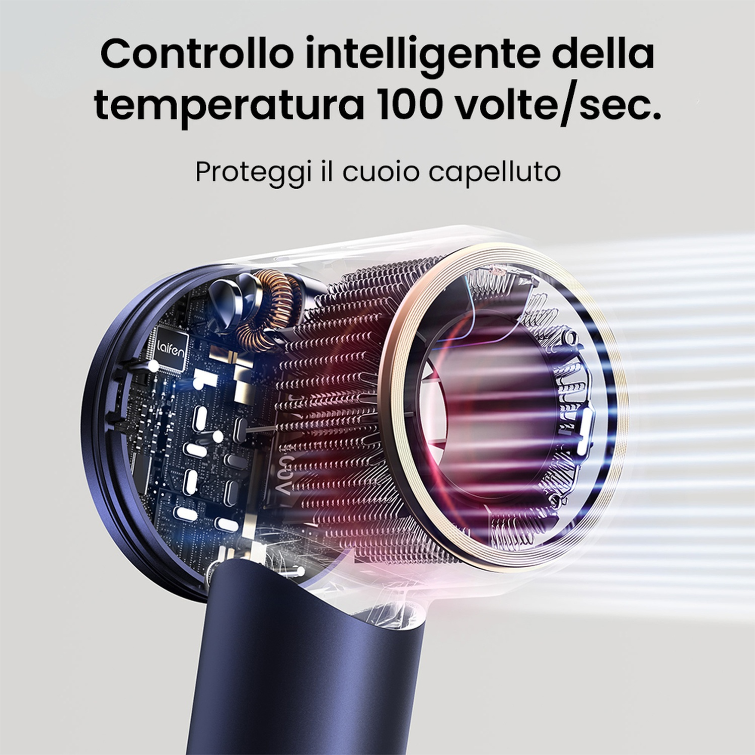Componenti interni dell'asciugacapelli, che mostrano il controllo della temperatura e testo sulla protezione del cuoio capelluto.