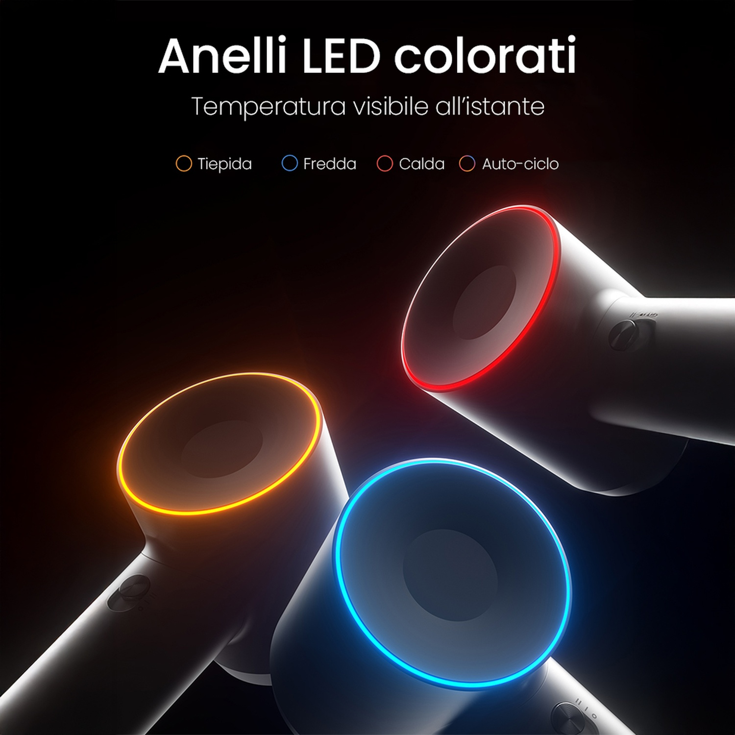 Asciugacapelli che mostra la velocità dell'aria e i tempi di asciugatura.