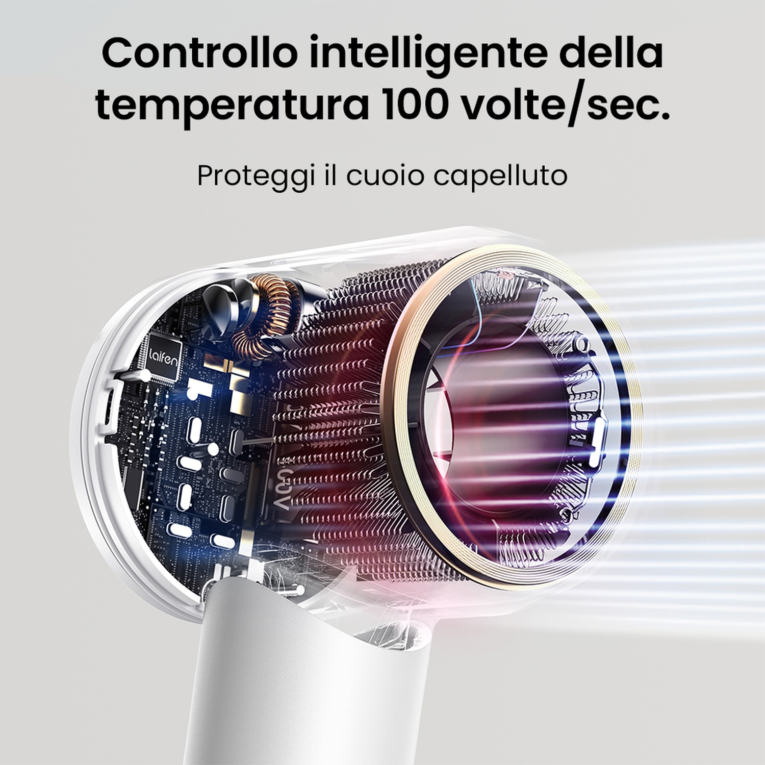 Componenti interni dell'asciugacapelli, che mostrano il controllo della temperatura e testo sulla protezione del cuoio capelluto.
