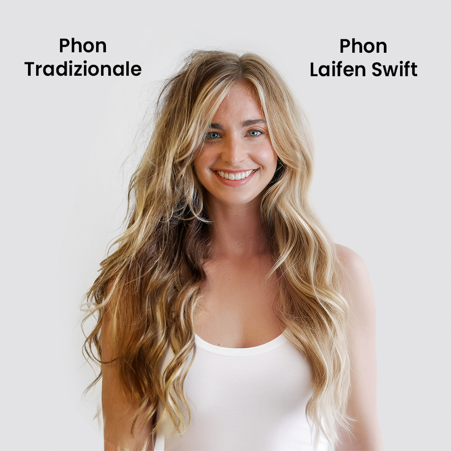 Donna con lunghi capelli biondi, che confronta i risultati di un asciugacapelli tradizionale e un Laifen Swift.