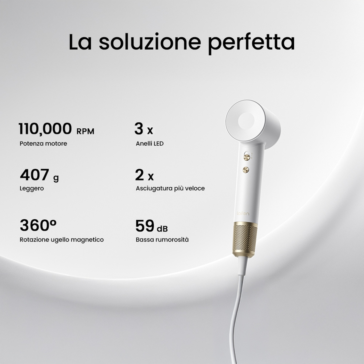 Asciugacapelli bianco con specifiche: 110.000 RPM, 3 anelli LED, 407 g, asciugatura 2x più veloce, ugello magnetico a 360°, 59 dB.