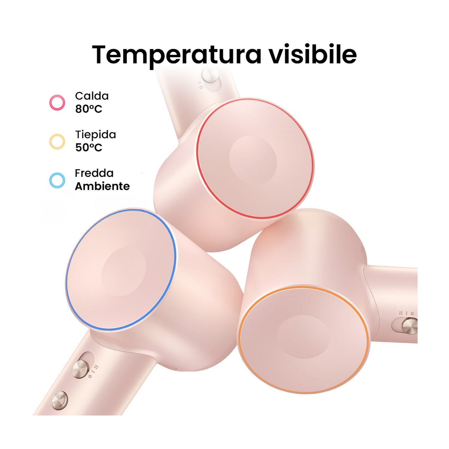 Tre asciugacapelli rosa con bordi colorati. Il testo indica i livelli di calore: caldo (rosso), tiepido (arancione) e freddo (blu).