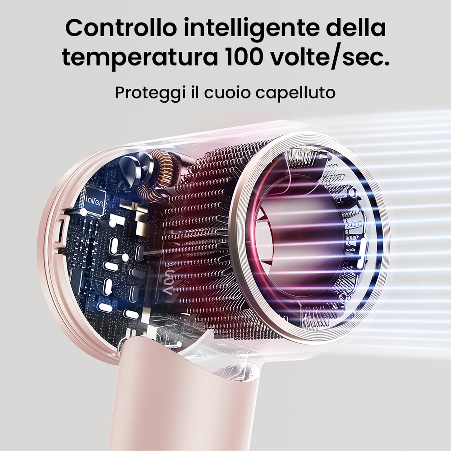 Un asciugacapelli rosa con una sezione aperta che mostra i componenti interni.