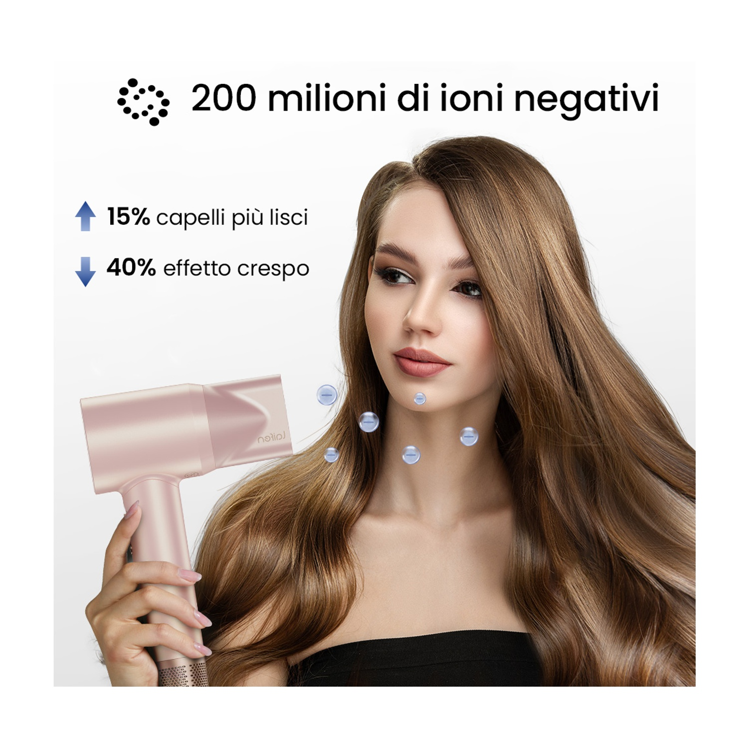 Donna con asciugacapelli rosa e capelli, testo su capelli lisci e meno crespo.