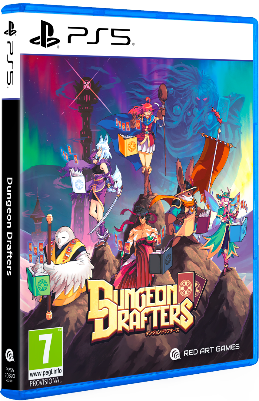 Arte de la caja de videojuegos. Una ilustración colorida con personajes y el título 'Dungeon Drafters'.