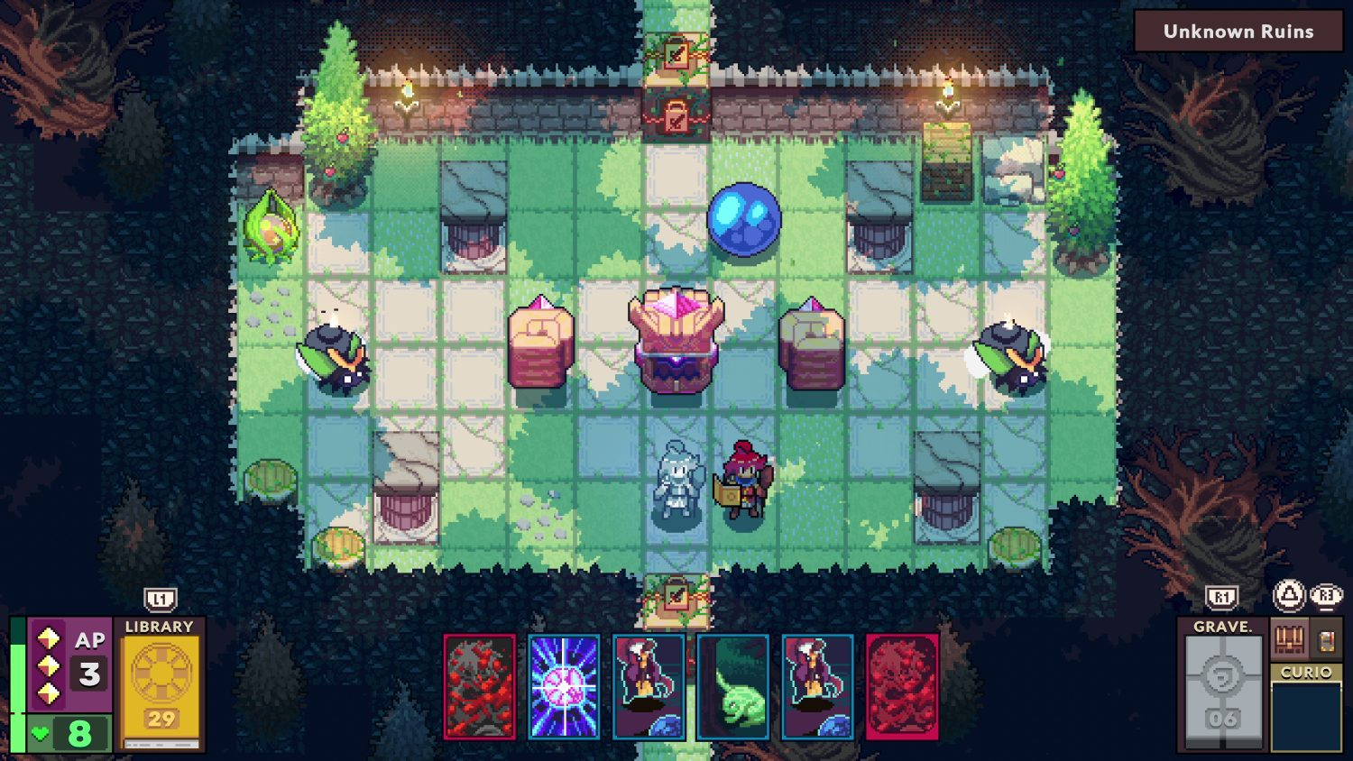 Vista desde arriba de una escena de videojuego. Personajes y objetos en una estructura similar a una cuadrícula.