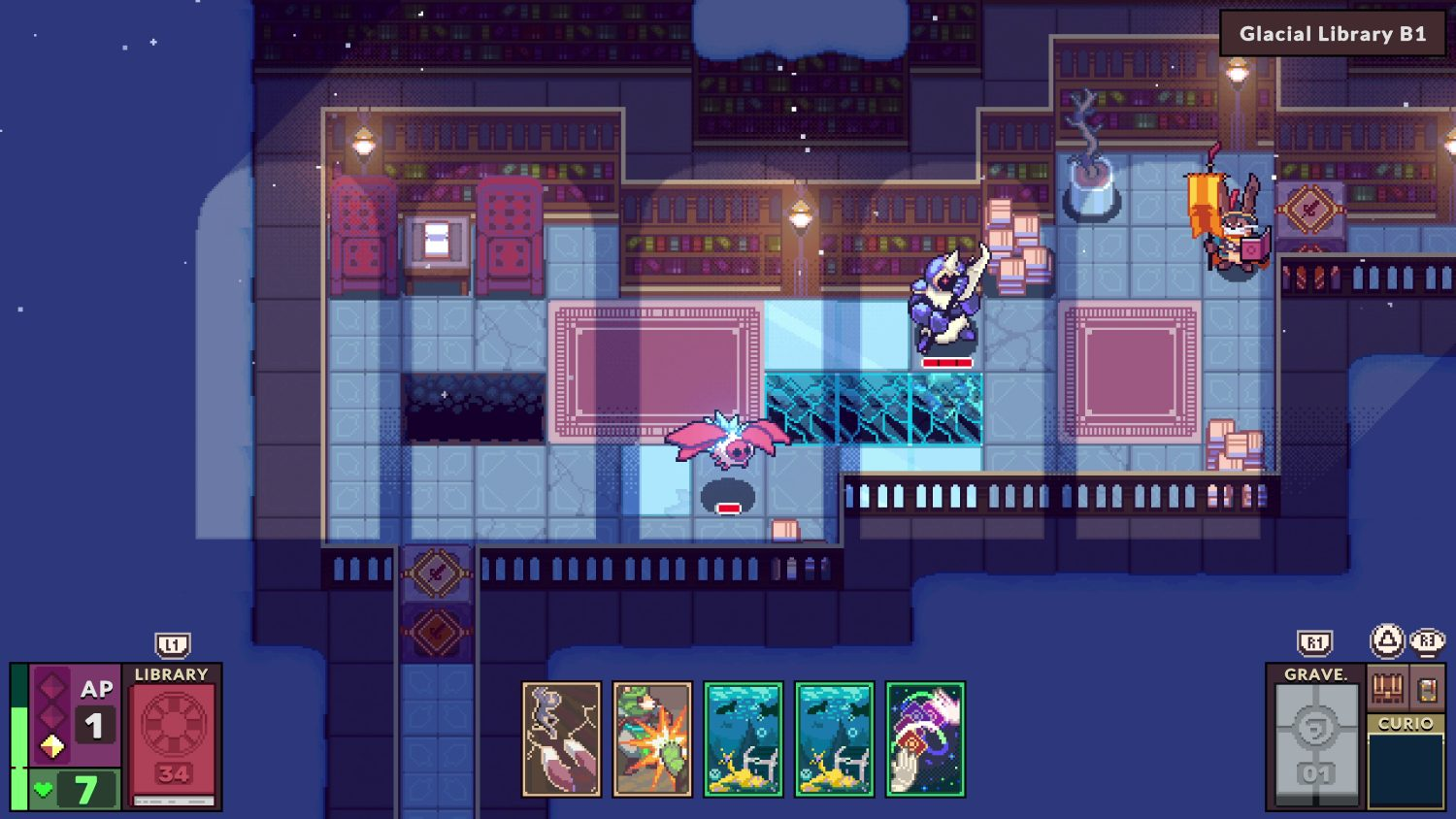 Vista desde arriba de una escena de juego pixelada con personajes, mosaicos y elementos de la interfaz de usuario.