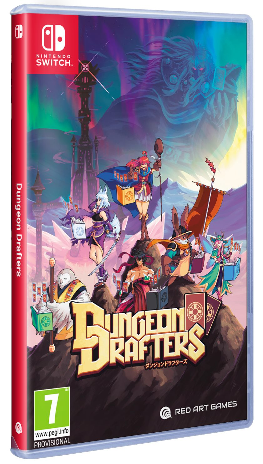 Arte de caja del juego: Escena de fantasía con personajes, título 'Dungeon Drafters' y logo de Nintendo Switch.