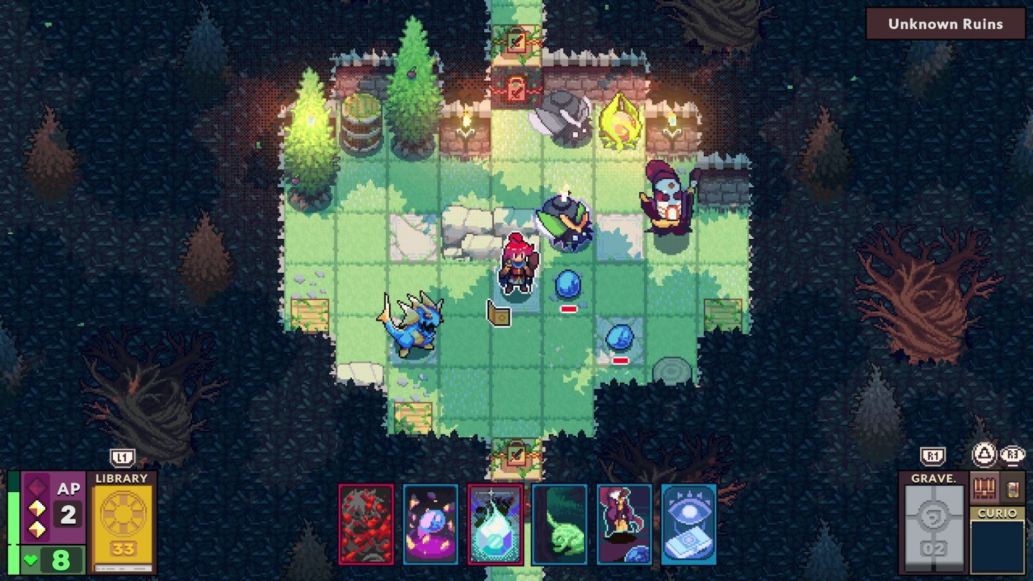 Vista de arriba hacia abajo pixelada de una escena del juego.