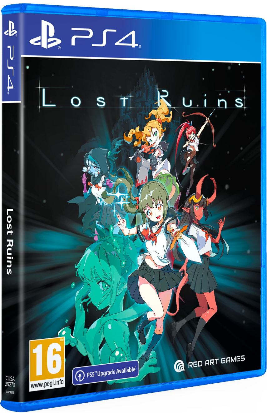 Caja del juego de PS4 'Lost Ruins' con personajes de estilo anime. Fondo azul.