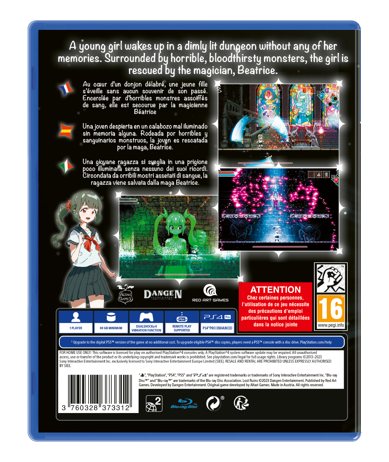 La parte posterior de una caja de videojuego, con una chica con traje de marinera.