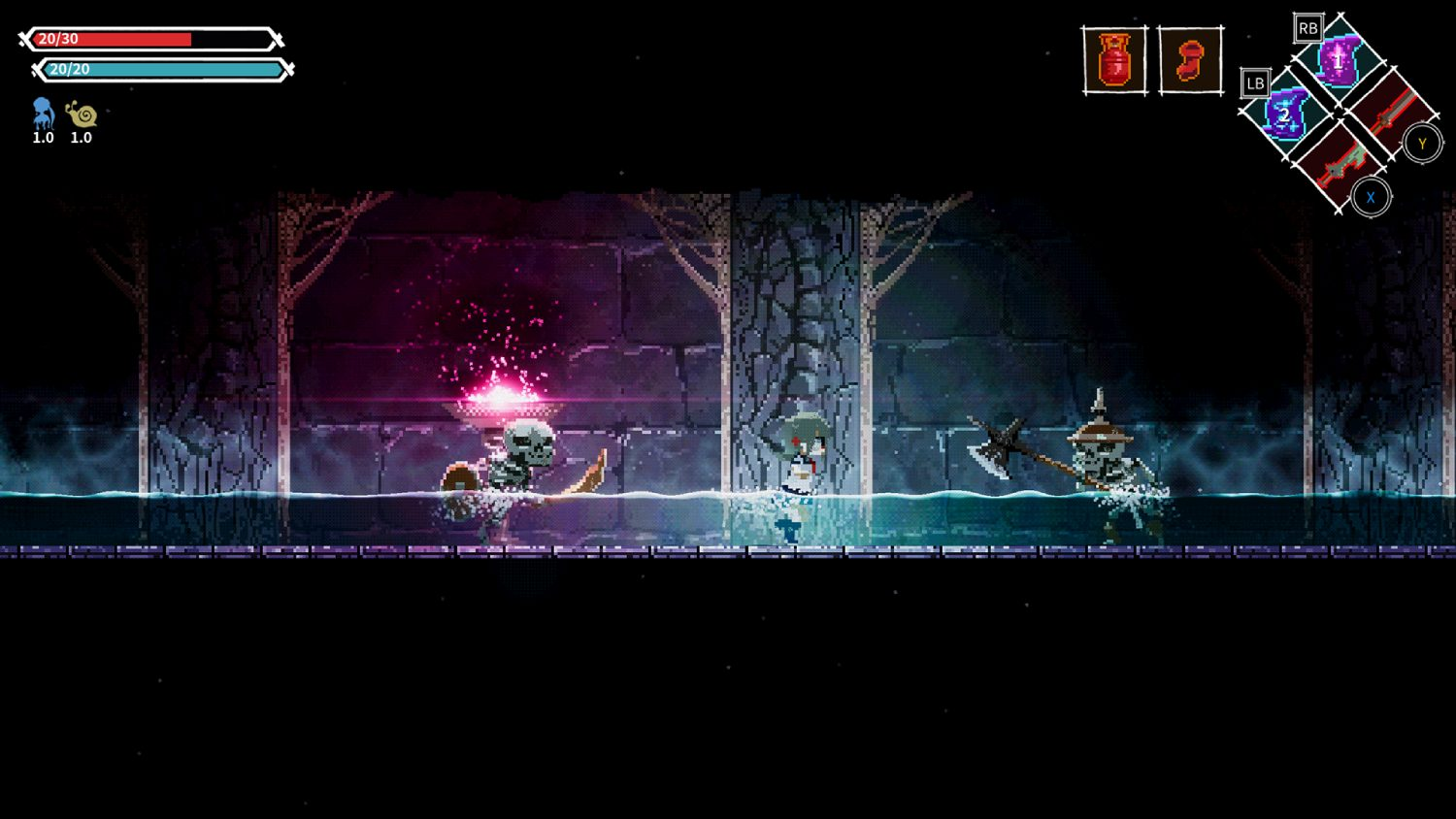 Una escena de juego pixelada con personajes luchando en una mazmorra.