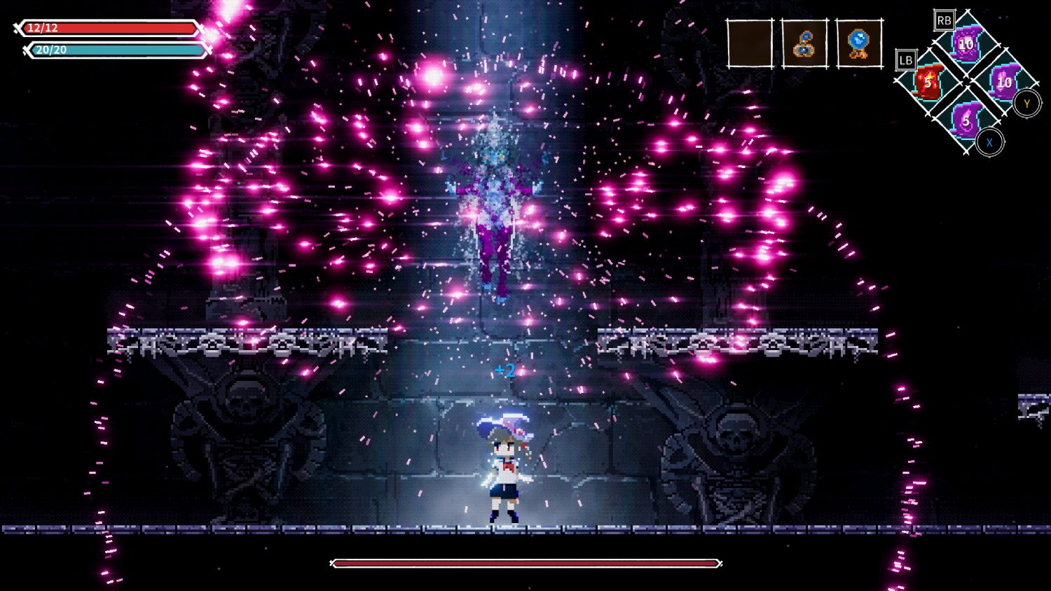 Escena de juego pixelada. Un personaje femenino con un arma está de pie en una plataforma. Luz púrpura.
