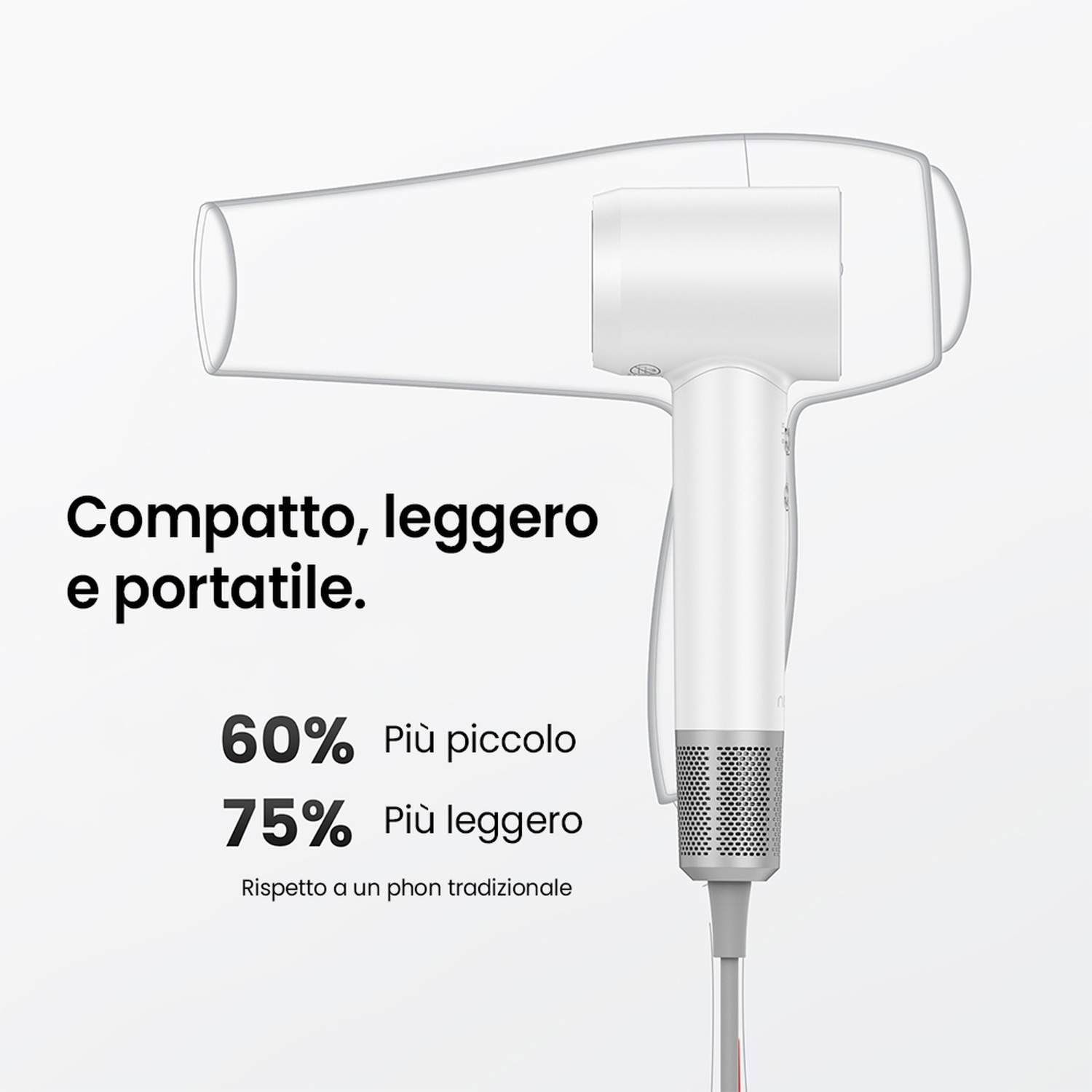 Asciugacapelli bianco con testo: Compatto, leggero e portatile. 60% più piccolo, 75% più leggero di un asciugacapelli tradizionale.
