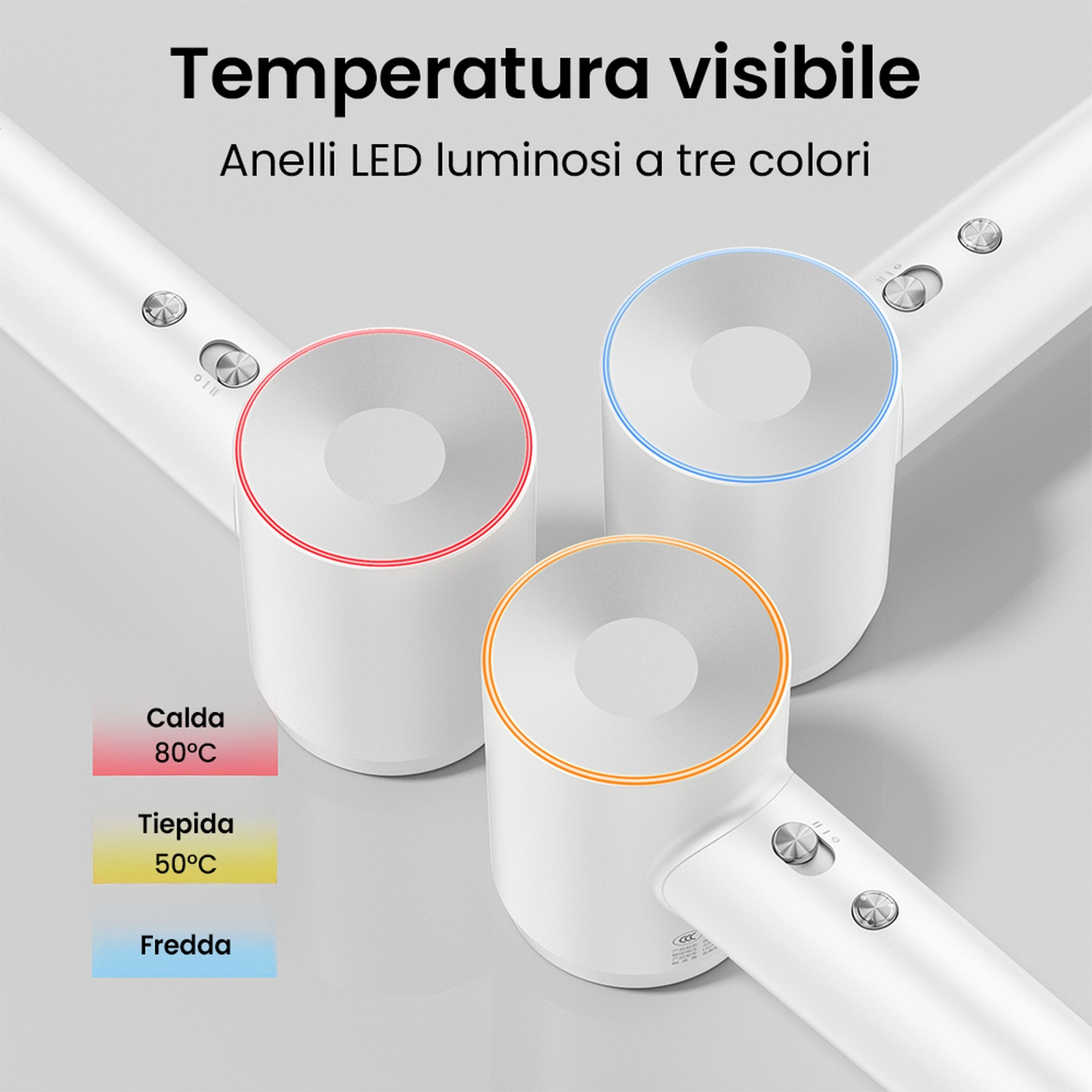 Asciugacapelli bianco con anelli LED rossi, gialli e blu, che mostrano la temperatura.