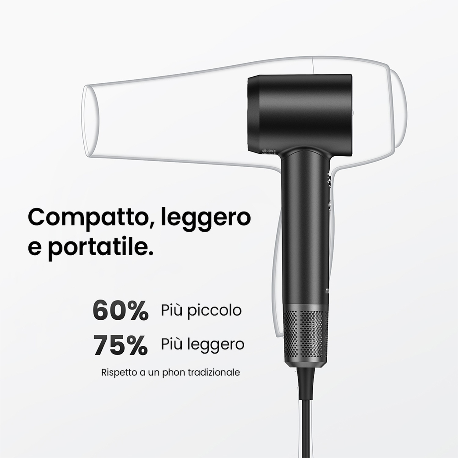 Un asciugacapelli nero, in un contorno trasparente, che evidenzia il suo design compatto, leggero e portatile.