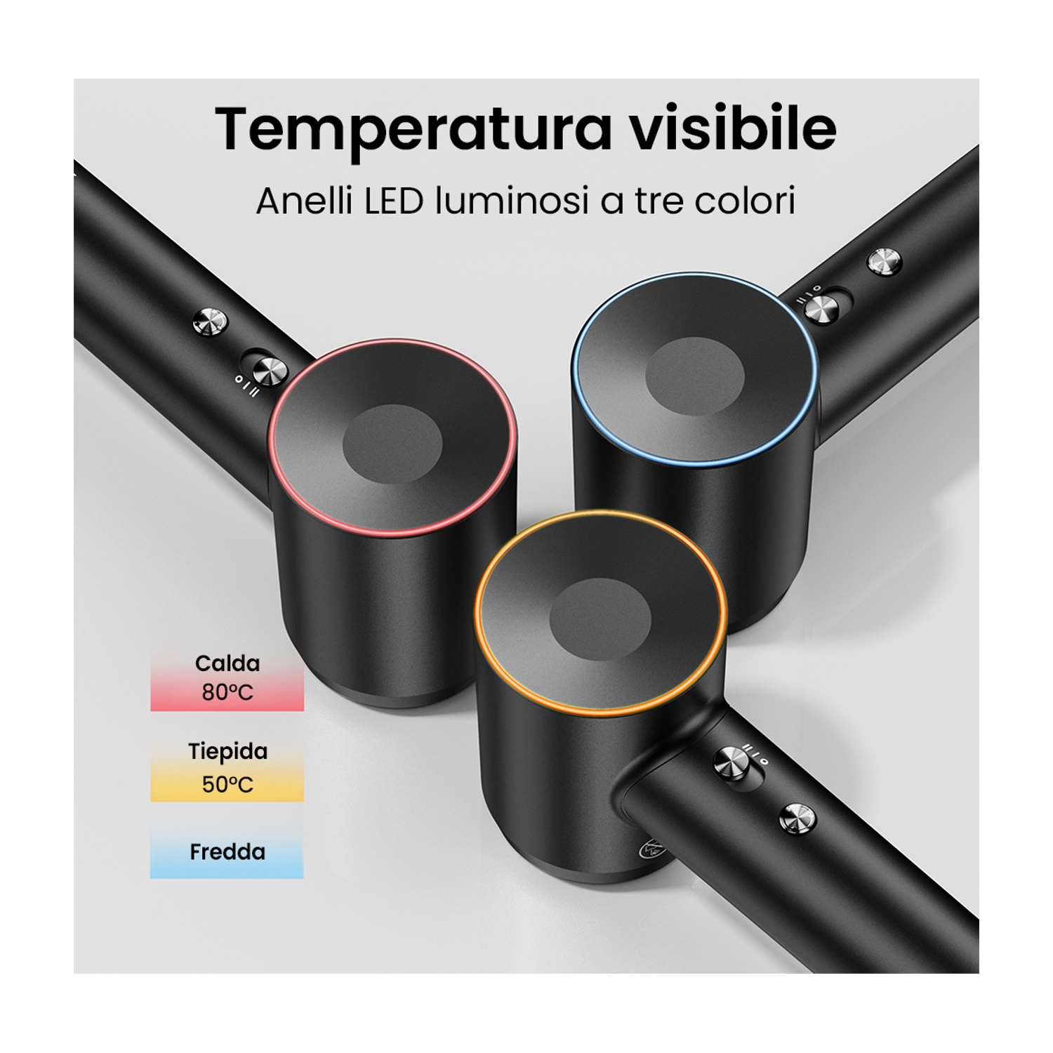 Tre asciugacapelli neri con anelli LED di diversi colori che indicano la temperatura, sfondo nero.
