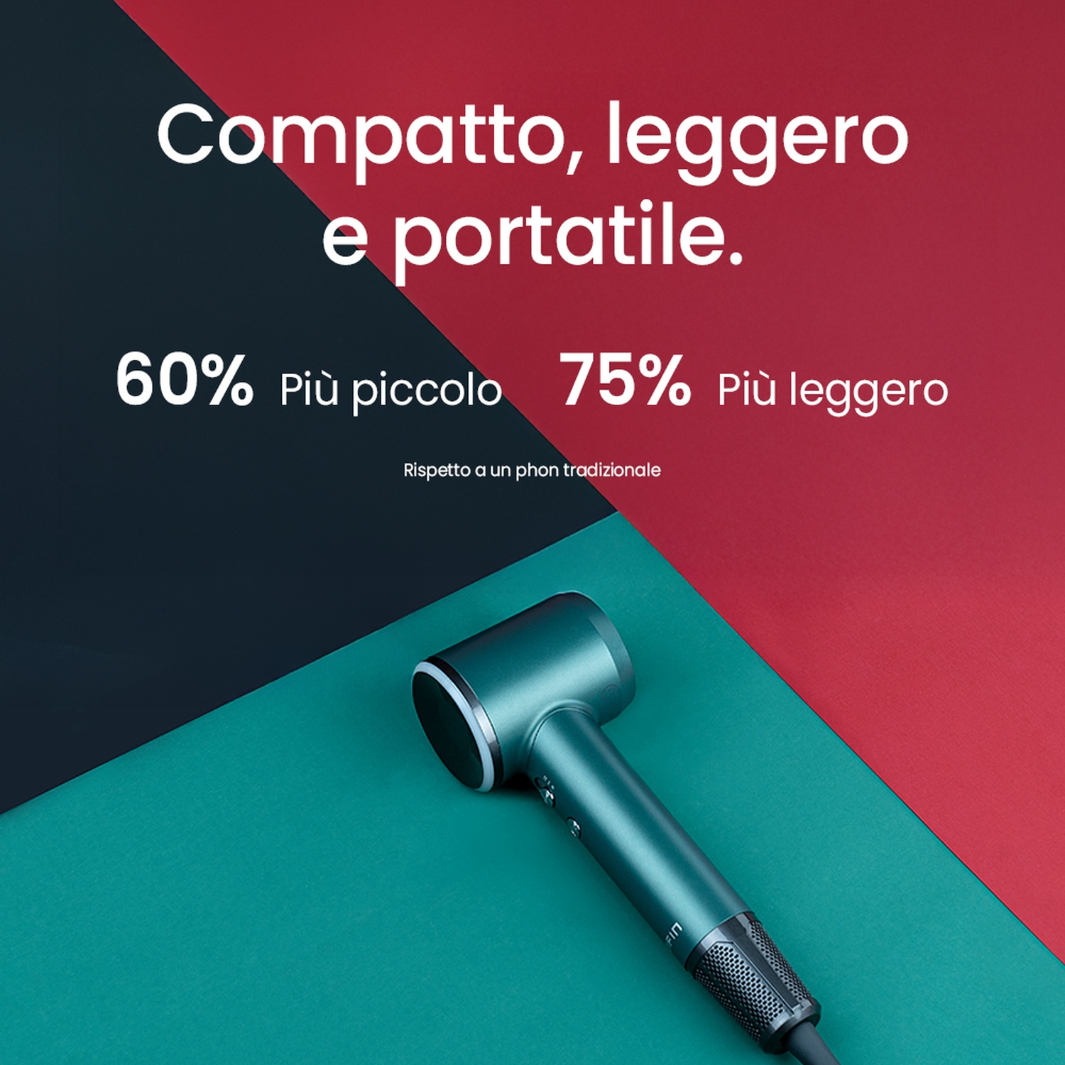 Asciugacapelli nero e verde, con testo sulla portabilità e le dimensioni.