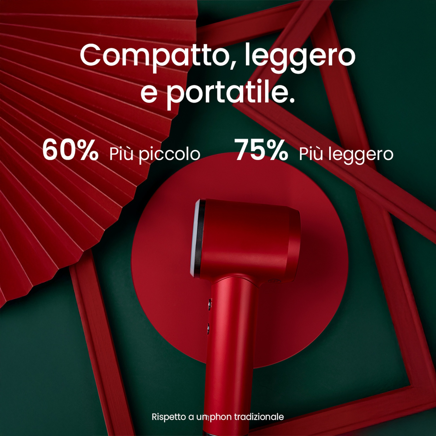 Asciugacapelli rosso con testo. Decorazioni circolari e a ventaglio rosse su sfondo verde.