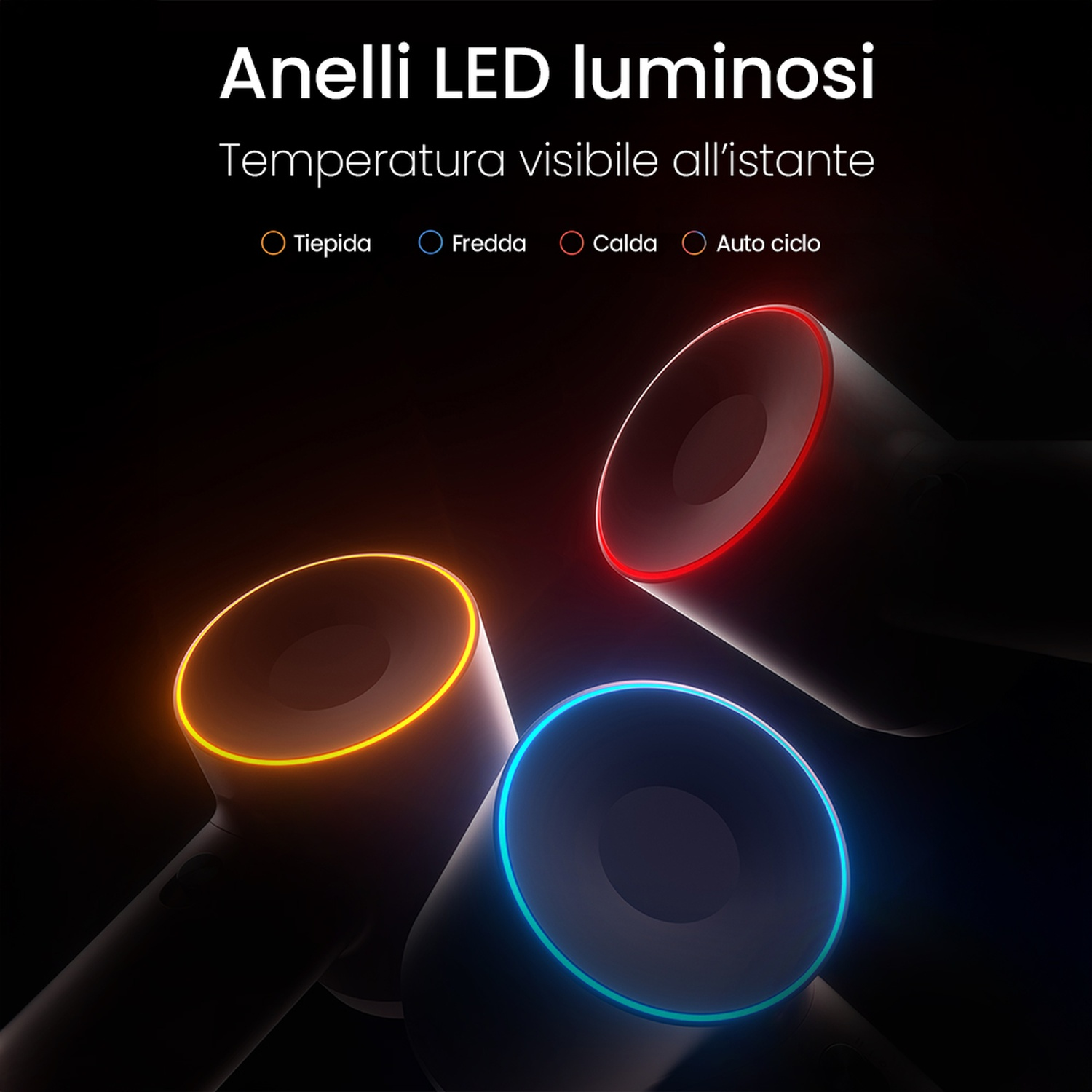 Primo piano dell'ugello di un asciugacapelli con anelli LED luminosi in arancione, blu e rosso, che mostrano le opzioni di temperatura.
