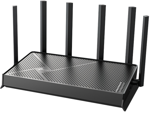 Fekete router hat antennával. Lyuggatott teteje és több jelzőfénye van.