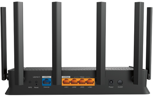 Fekete WiFi router hátulnézete antennákkal és portokkal.