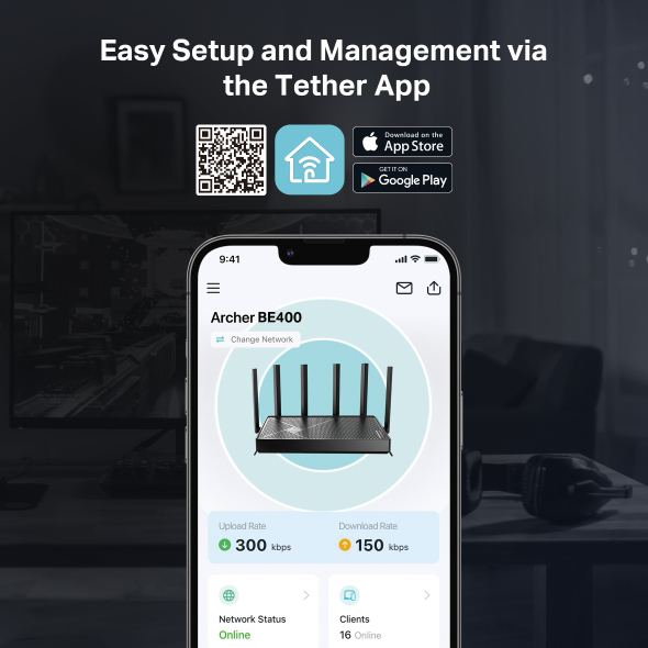 Egy telefon, amely egy router alkalmazás felületét mutatja, egy router ikonnal és app store linkekkel.