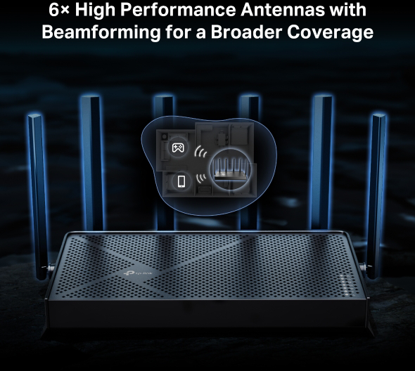 Fekete TP-Link router antennákkal, hálózati diagramot mutatva.
