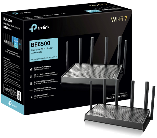 Fekete router doboz, dual band Wi-Fi 7-tel. Router több antennával. A dobozon termék részletek.