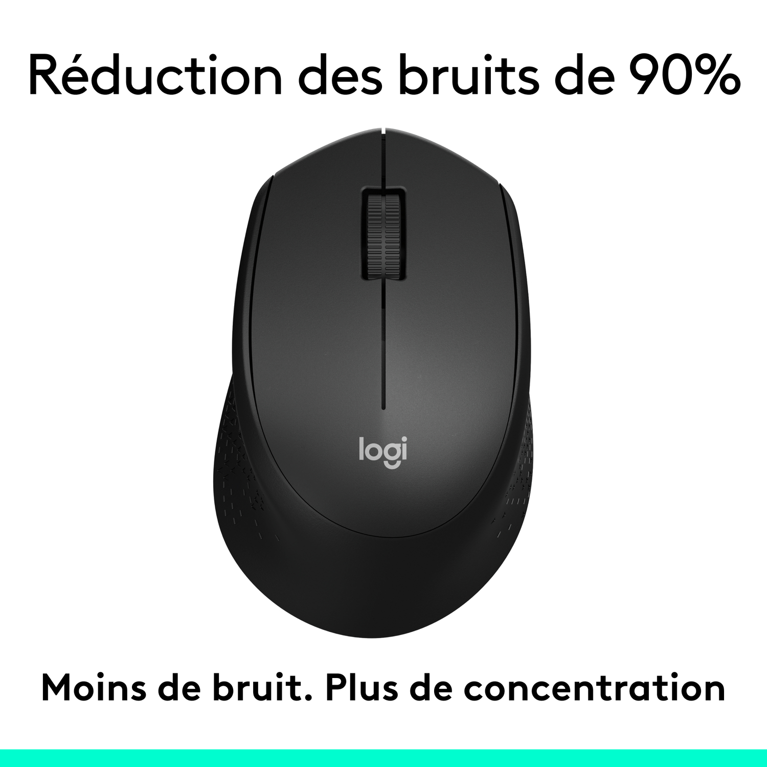Souris d'ordinateur noire avec molette de défilement, sur fond blanc avec texte.