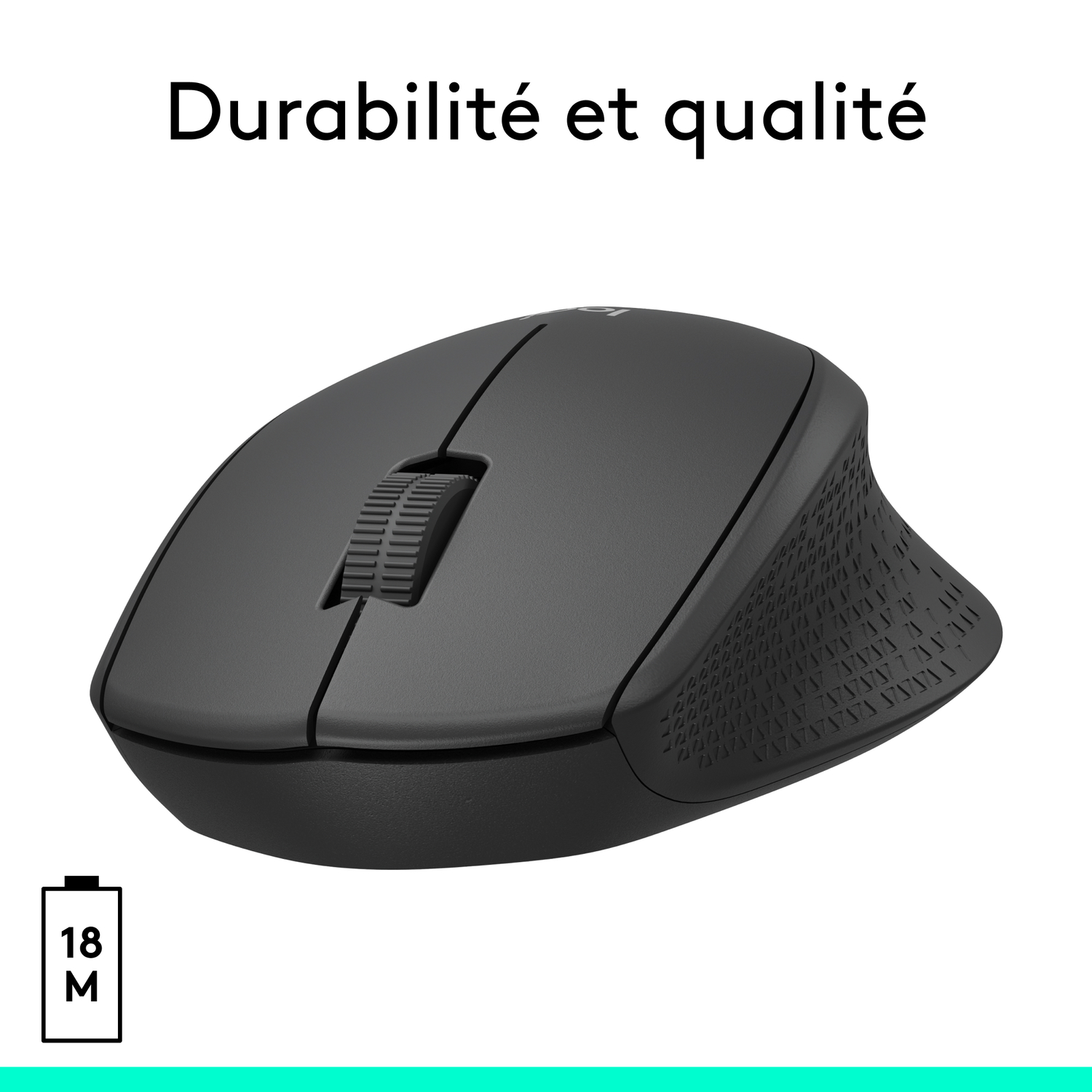 Souris d'ordinateur noire. Vue de dessus. Surface grise avec texte au-dessus. Fond blanc.