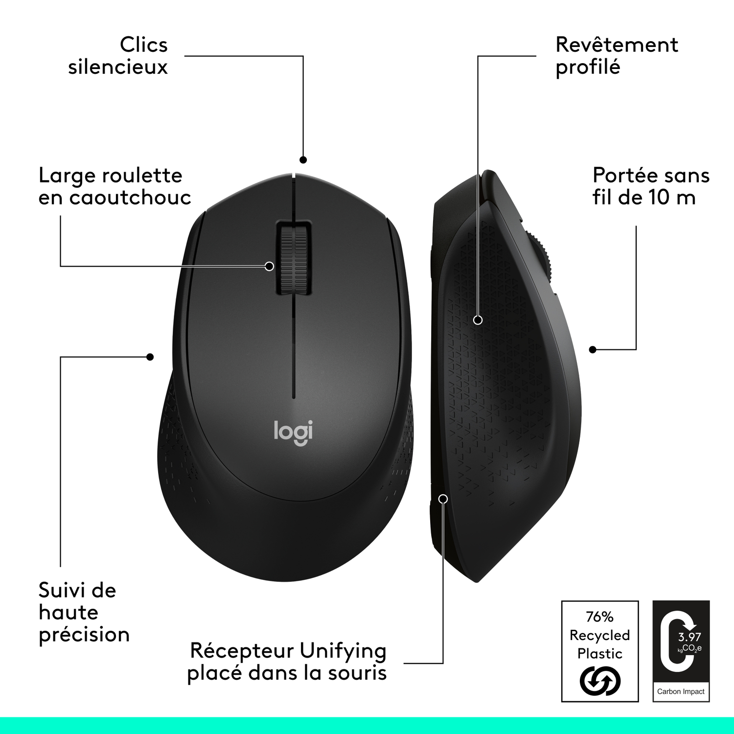 Souris sans fil noire avec étiquettes. Clics silencieux, roulette caoutchouc, suivi haute précision, portée 10 m.