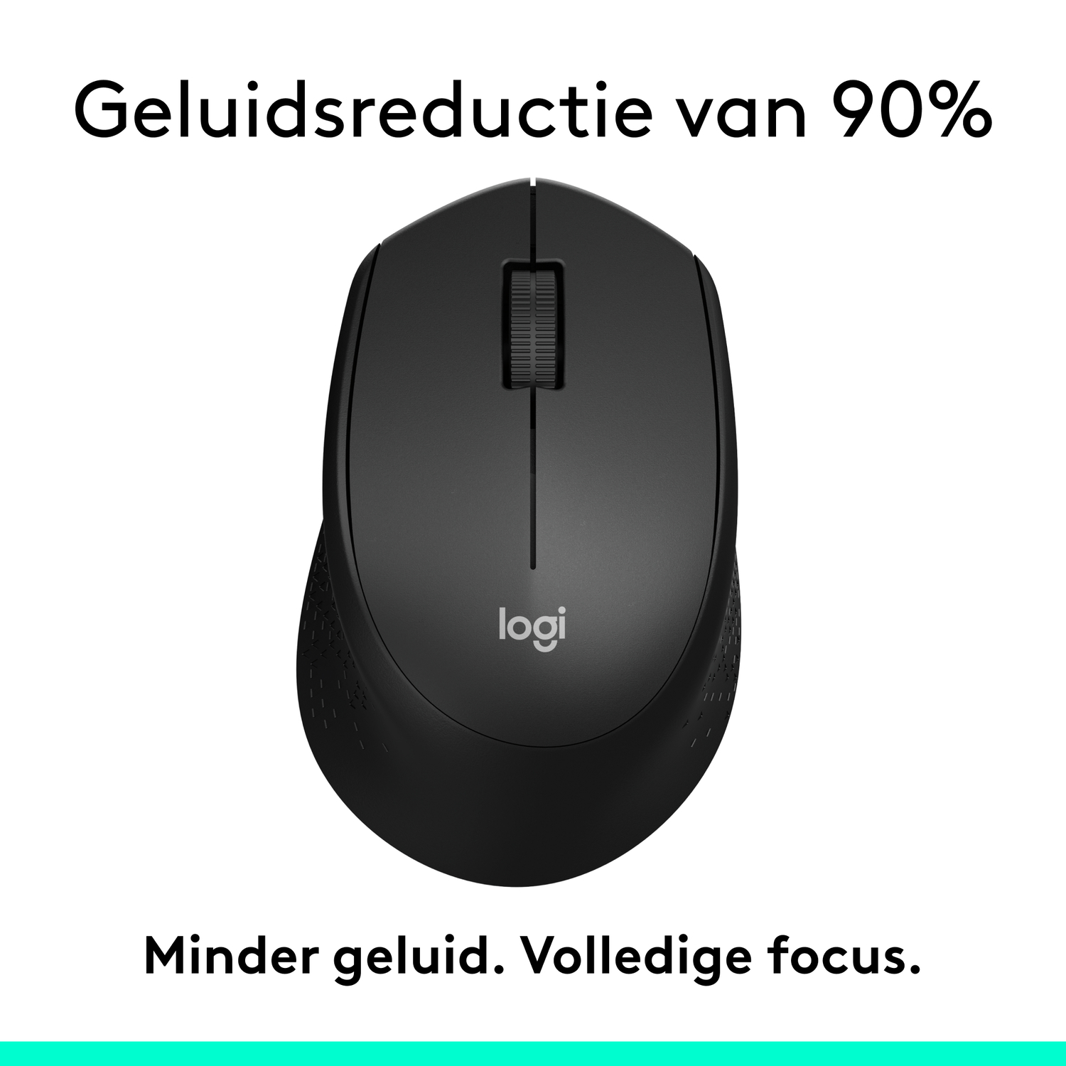 Black Logitech wireless mouse, with a scroll wheel and logo, on a white background.